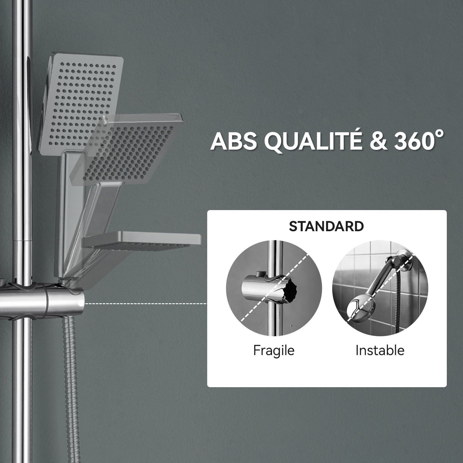 Barre de Douche en inox 70 cm avec Support de Pommeau de Douche /étagère de douche,fixations murales réglables,avec support de douchette,chromé - 3