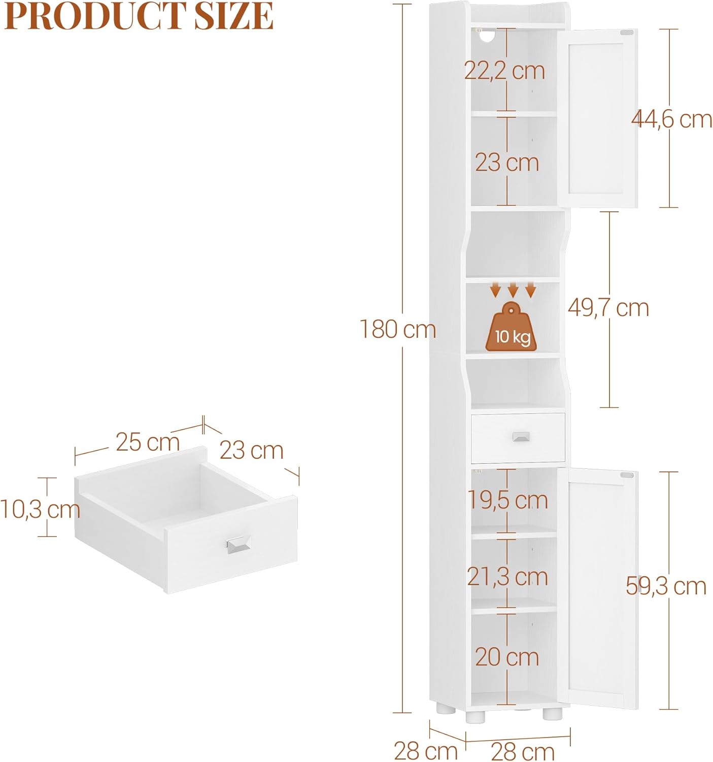 Armoire de Salle de Bain Étroit, Meuble de Rangement Haute avec 2 Portes et 1 Tiroir, Étagère Réglable, Compartiment Ouvert,Blanc - 9