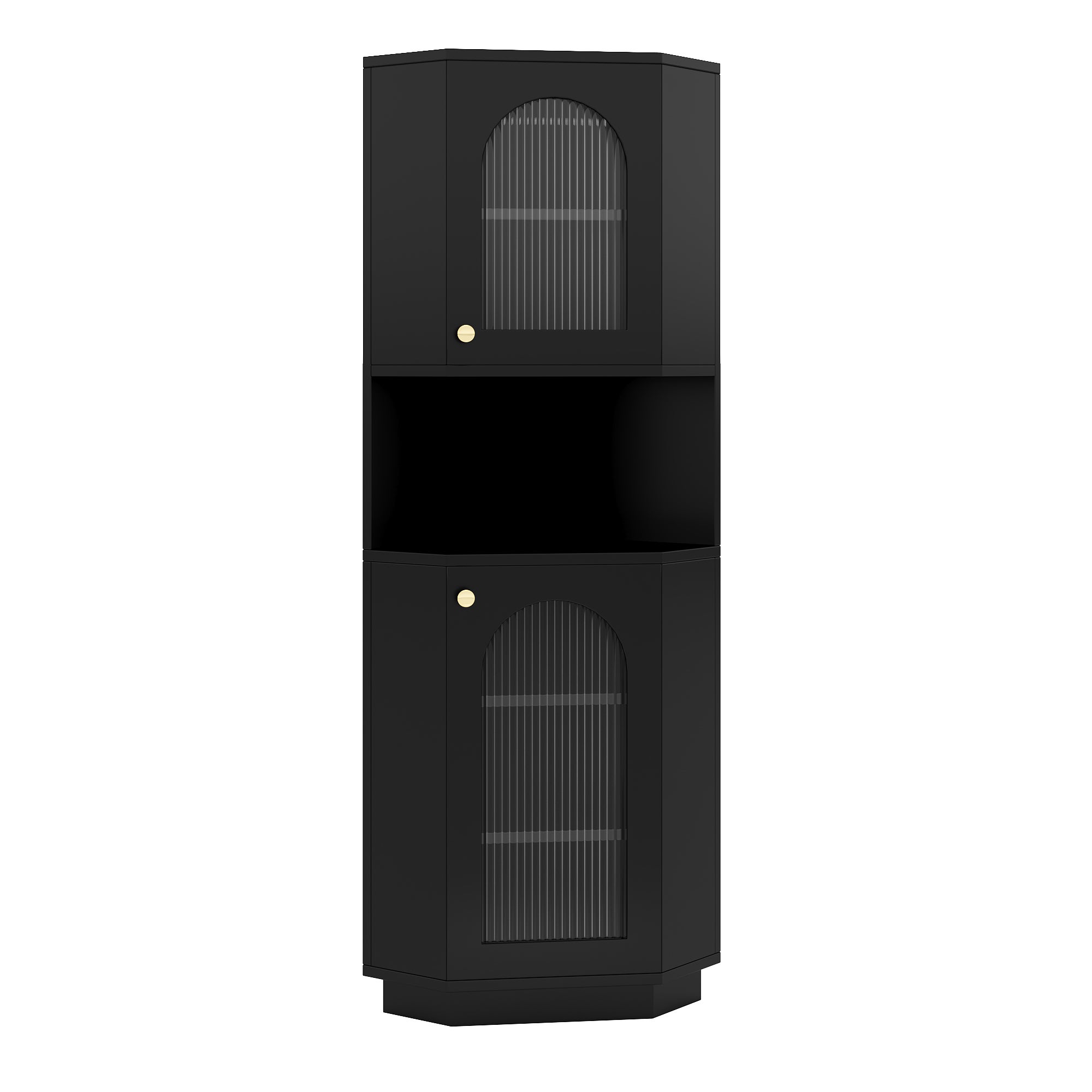Narożna szafka łazienkowa z 2 drzwiami i 1 wnęką - 45 x 45 x 166,5 cm - Diody LED - MDF - Regulowane półki - Czarna - 8