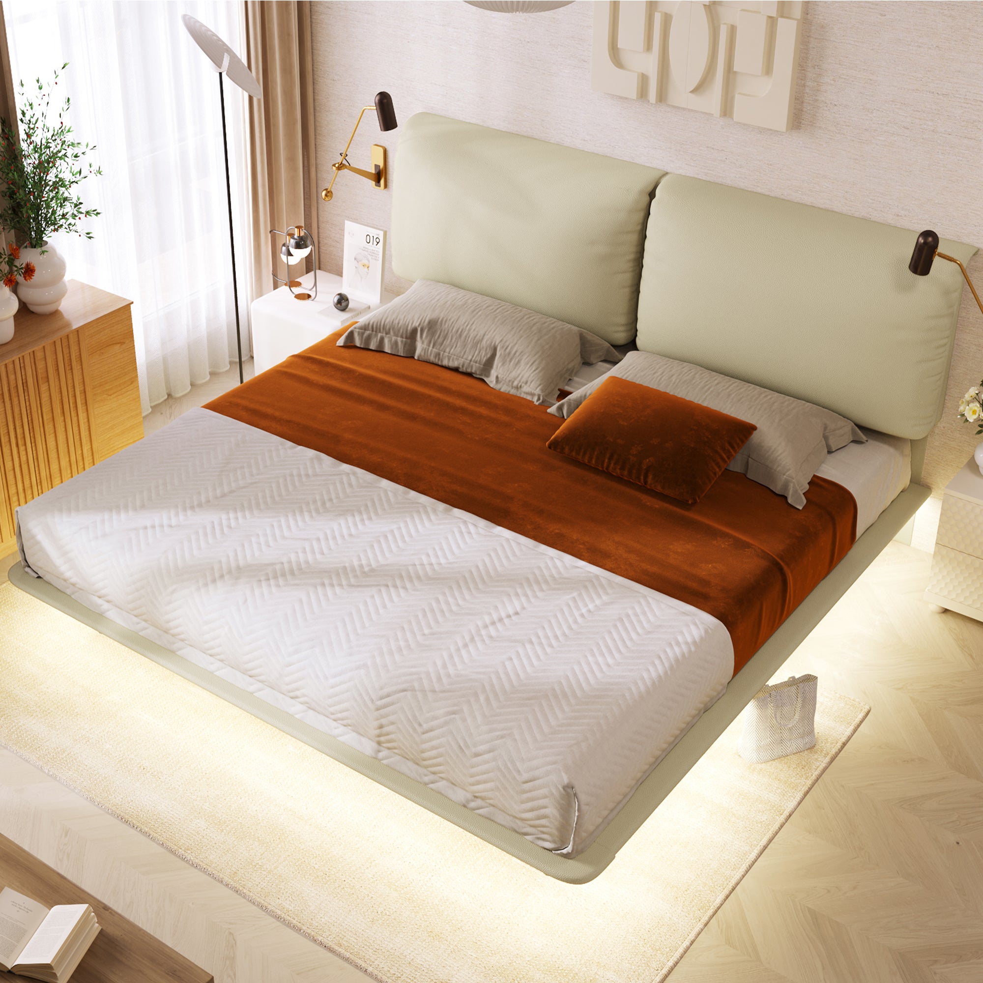 Lit double rembourré avec appuie-tête amovible et sommier à lattes, incl. Eclairage LED, tête de lit orientable 140x200cm, revêtement simili cuir - 3