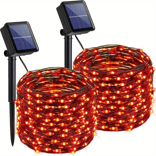 Guirlande Lumineuse Automne Décoration, 2 Paquets 12M 100 LED Halloween Guirlande Solaire Extérieur Orange Étanche 8 Modes Fil de Cuivre Lumière