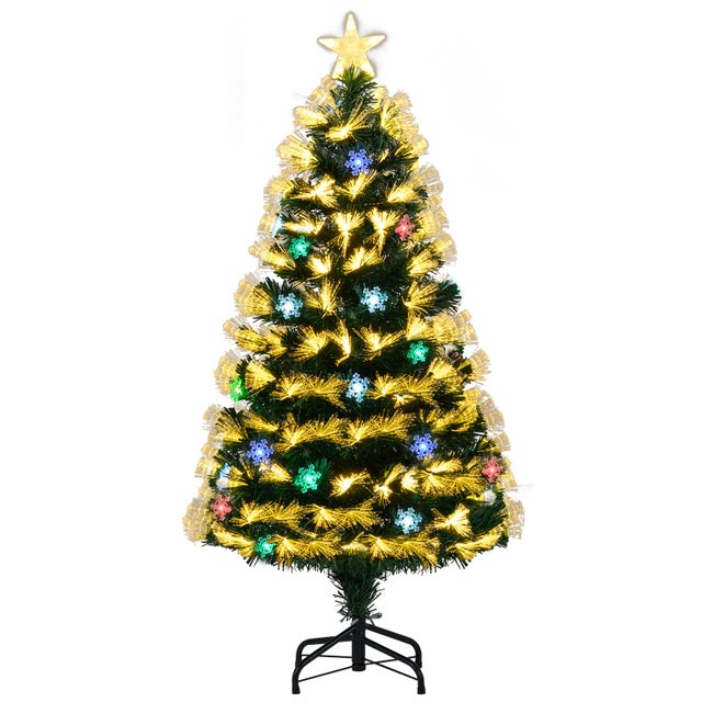 Árbol de Navidad de Fibra Óptica de 120 cm, Árbol Artificial Preiluminado con 8 Modos de Luz, 130 Puntas de Ramas, 14 Copos de Nieve