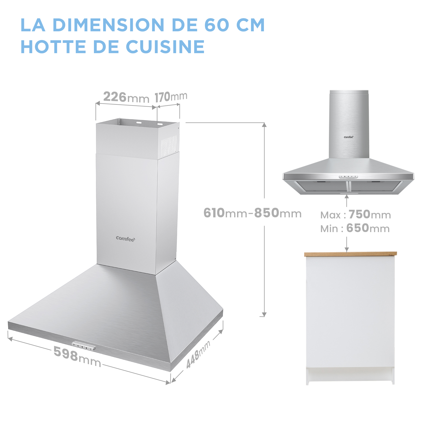 COMFEE Hotte Aspirante 60cm - 400 m³/h - Classe A++ - 2 Filtres à Charbon - 3 Vitesses - Recyclage & Évacuation - En Inox - 9