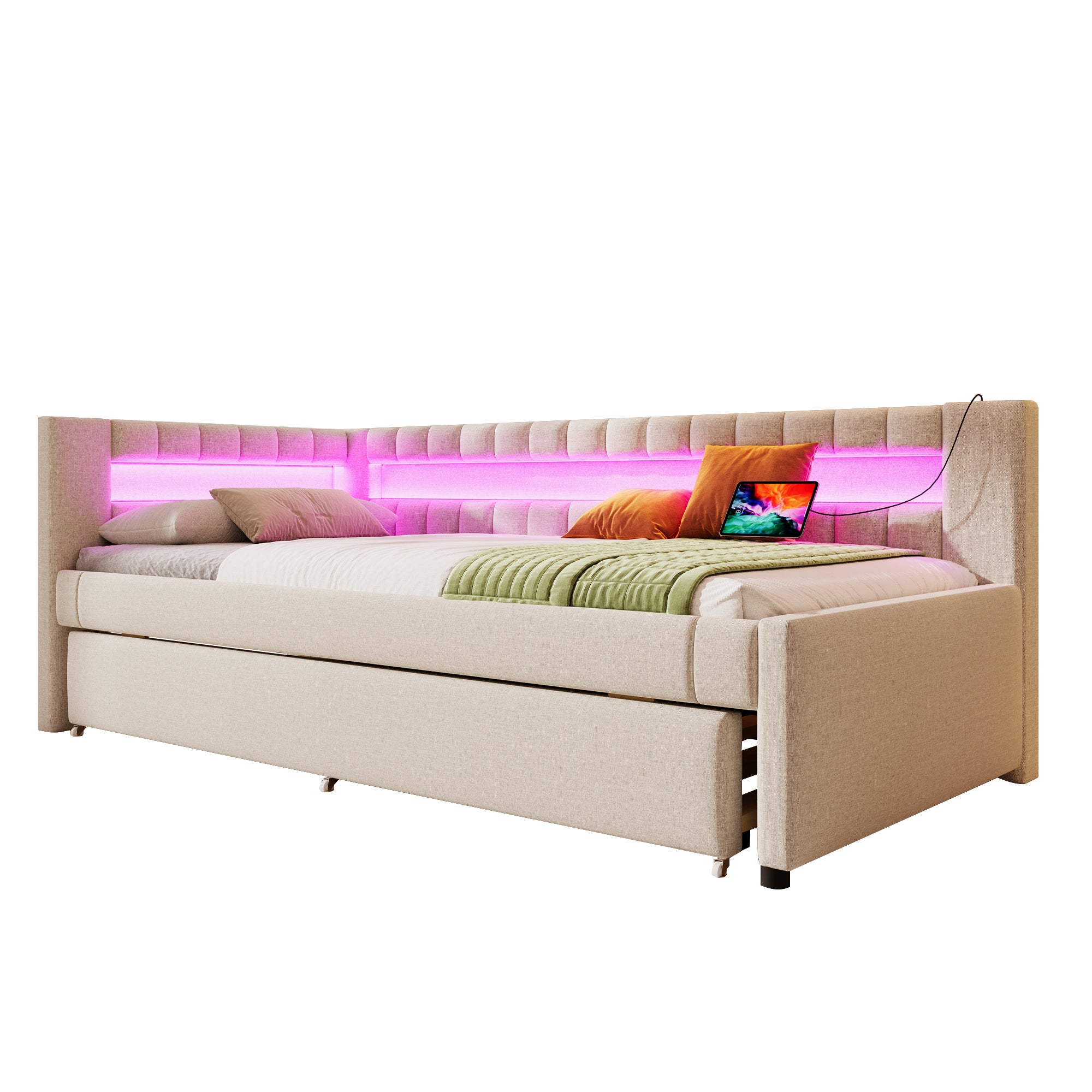 Łóżko wysuwane 90 x 200 cm + 90 x 190 cm z zagłówkiem - Ładowanie USB i typu C oraz diody LED - Tkanina lniana - Beżowy (bez materaca) - 7