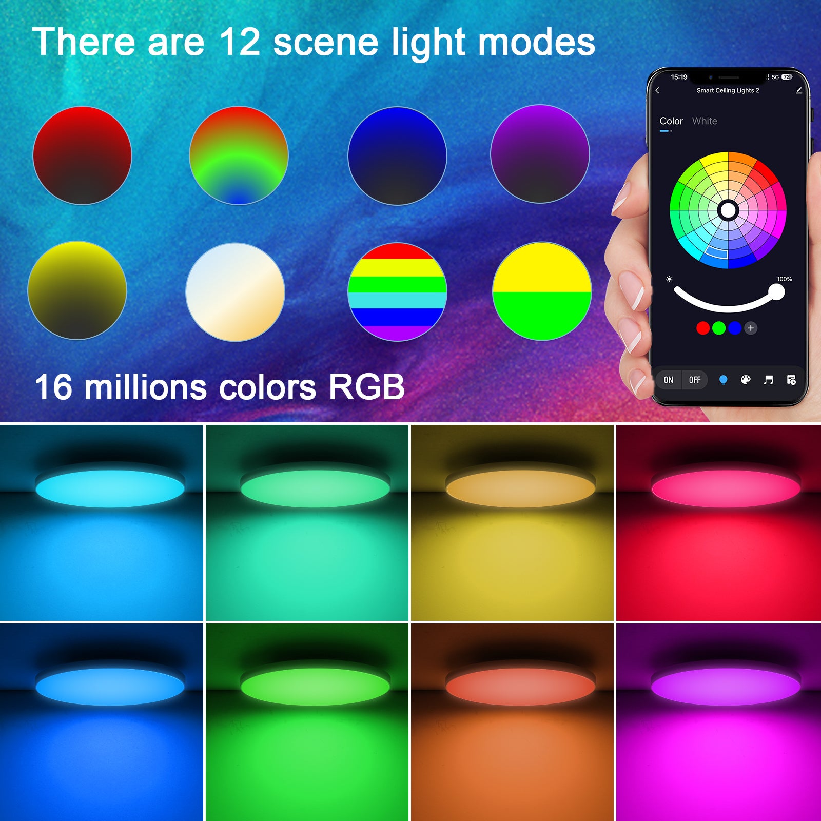 LOVHAUS Lamp Sufitowa LED RGB 24W Regulowana, 16 Milionów Kolorów, 2700K-6500K, Pilot I Aplikacja - 2