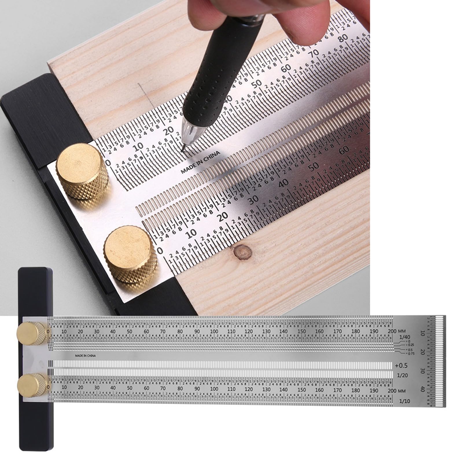 Règle de perçage en T en acier inoxydable, outil de marquage pour le travail du bois avec crayon automatique pour le travail de menuiserie (règle de - 3