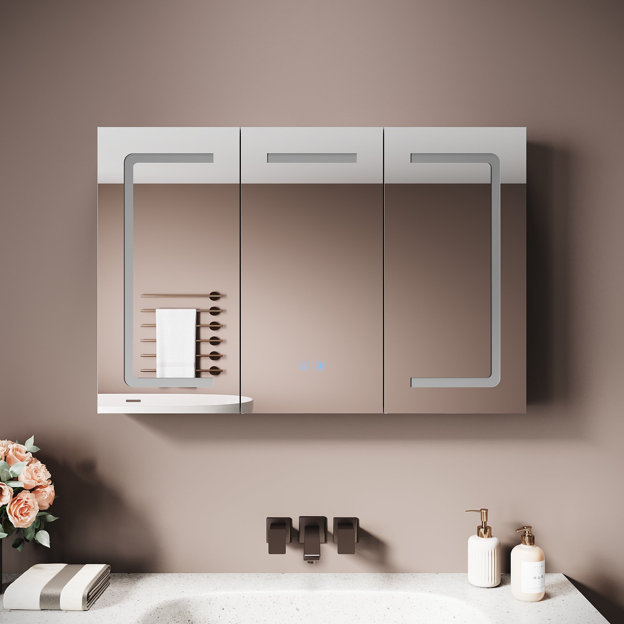 SIRHONA Grande Armadio Specchio 3 Ante Bagno 90x60x13cm, Specchio Anti-Appannamento Locale 3 Luci e Ampio Ripostiglio con Presa - Grigio Marocco - 2