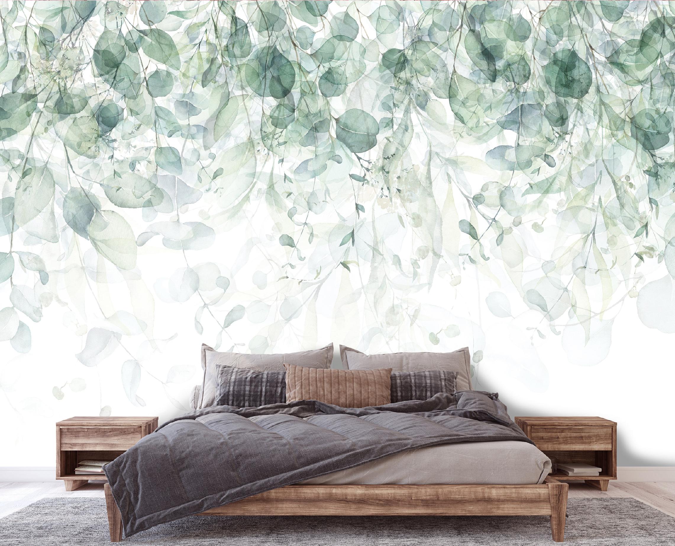 Papier Peint Intissé Panoramique Feuilles Vert Blanc Nature 368x254 cm - Colle Inclus - Chambre et Salon Cuisine Entrée - 2