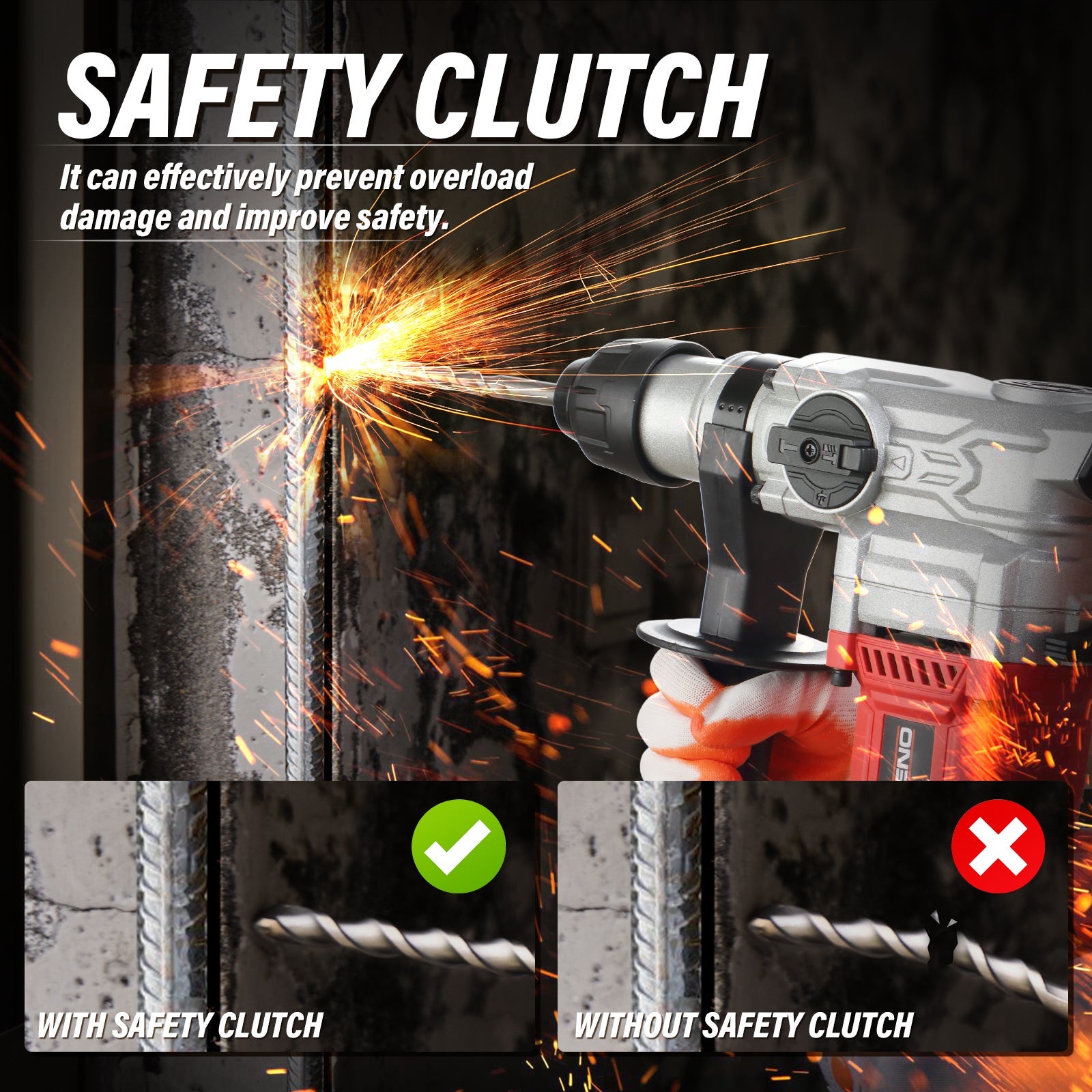 TEENO Marteau Perforateur SDS-Plus 1500W,6 Vitesse Variable avec 4 Fonctions,4500bpm,Câble de 2 mètres, Embrayage de Sécurité & Technologie - 6