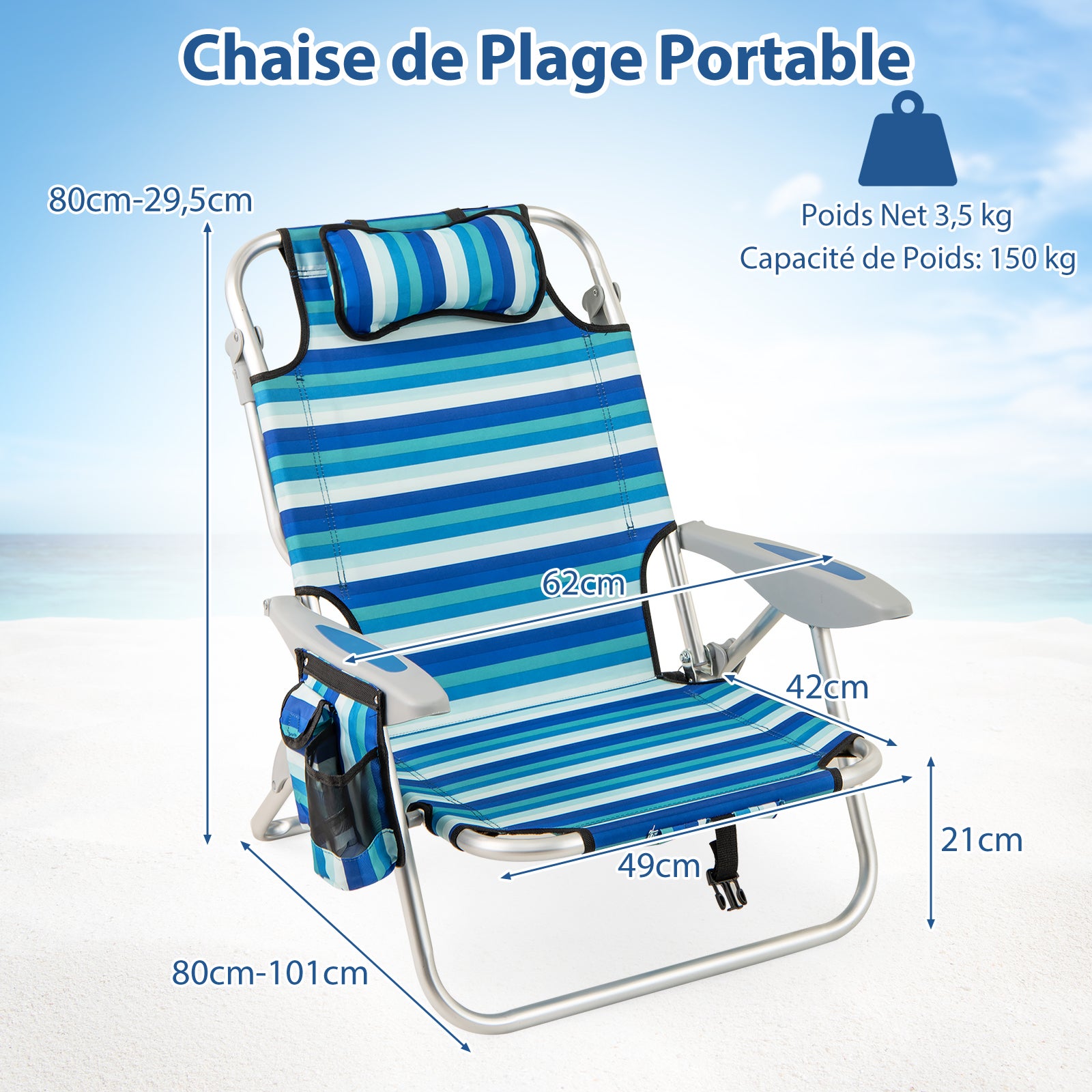 Lot de 2 Chaise de Plage Pliable, Cadre Léger en Aluminium, Chaise Basse avec Dossier Réglable en 4 Positions, Sac Isotherme, pour Camping - 4