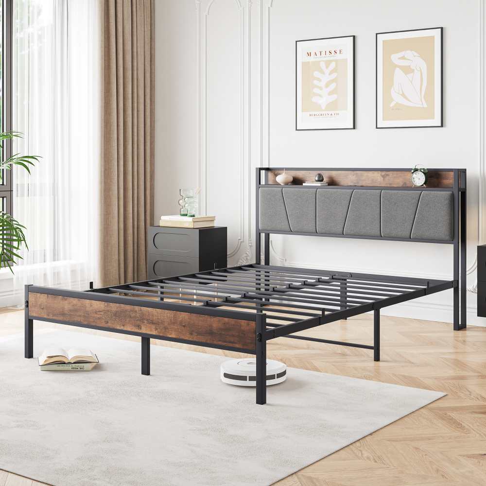 Rama łóżka 140×200 cm z inteligentnymi diodami LED, schowkiem i portami USB – solidna metalowa konstrukcja, cicha praca i łatwy montaż - 8