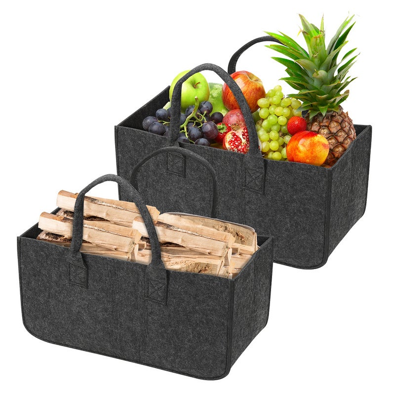 Panier à Bois En Feutre XXL - 60L - Poignée En Bois - Pliable - Idéal Cheminée Ou Rangement