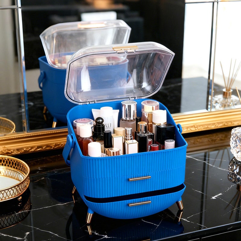 Nettlife luksusowy organizer do makijażu, duży i przenośny, wodoodporny pojemnik na kosmetyki z szufladami i uchwytem, ciemnoniebieski