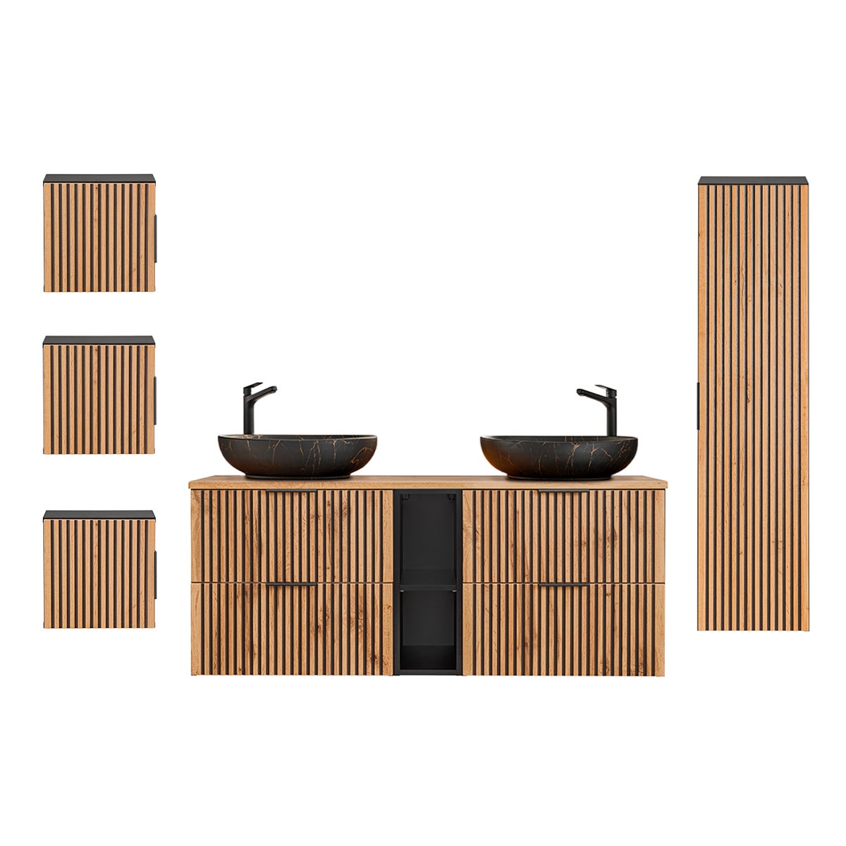 Ensemble meuble double vasque 140cm 2 niches colonne et 3 armoires murales Gaia Bois et Noir - Vasque Noir - 2
