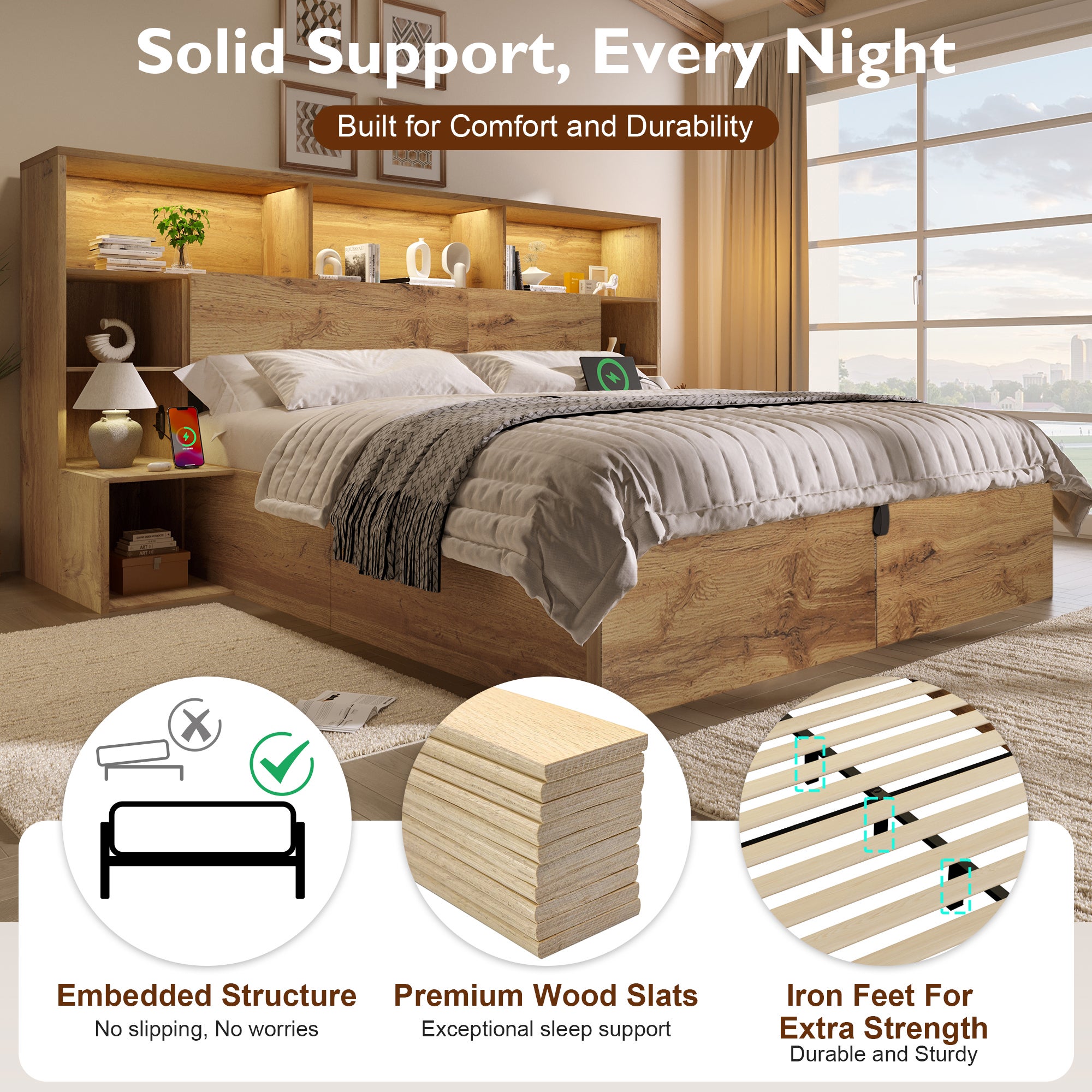 Lit 160x200 cm avec rangement hydraulique,Lit double en bois avec LED et port USB,avec table de chevet,sommier à lattes, Couleur Chêne(Sans matelas) - 8