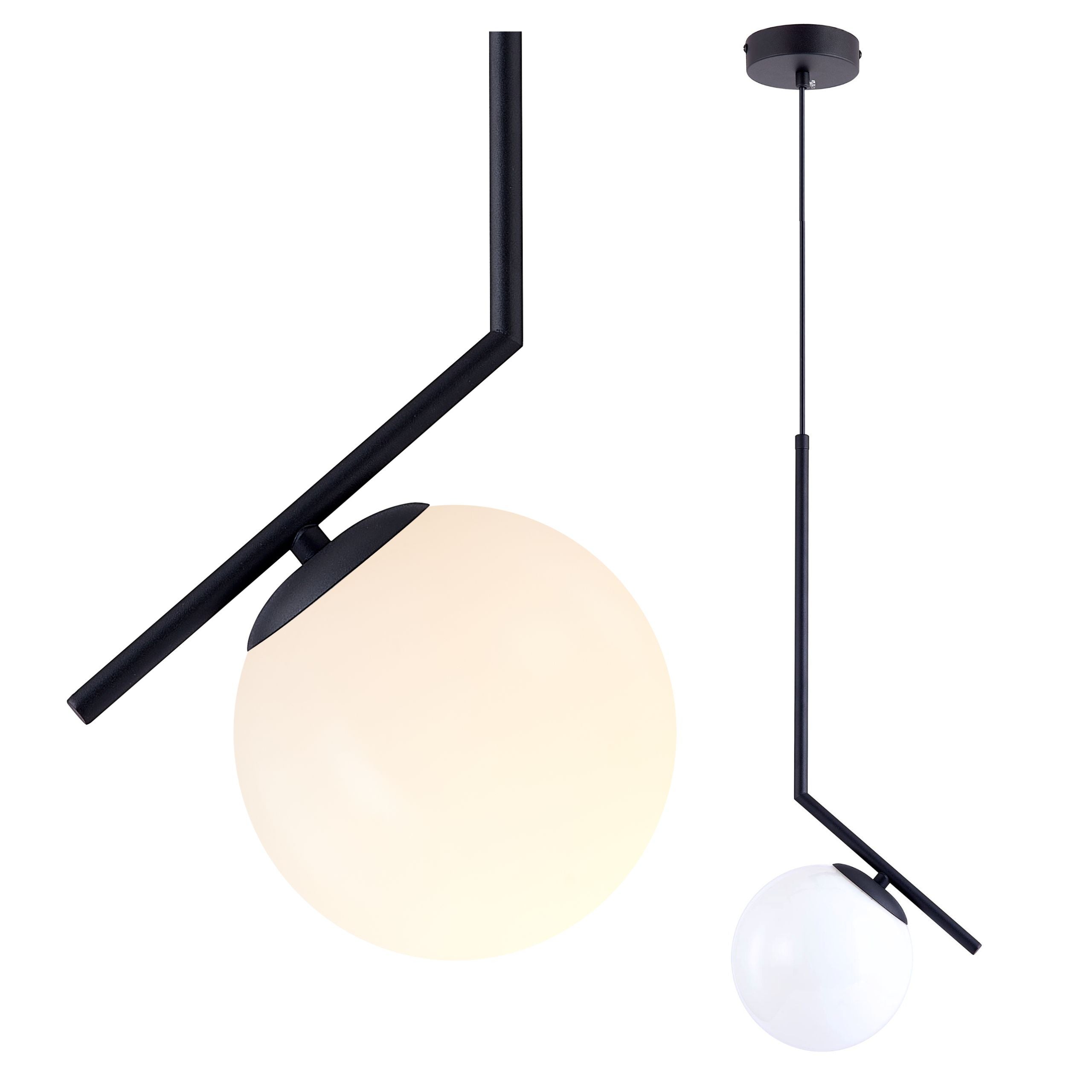 Lampa sufitowa wisząca E27 ozdobna Biały klosz Szklana kula z regulowanym przewodem Czarny metal pręt pionowy - LEDHOFF