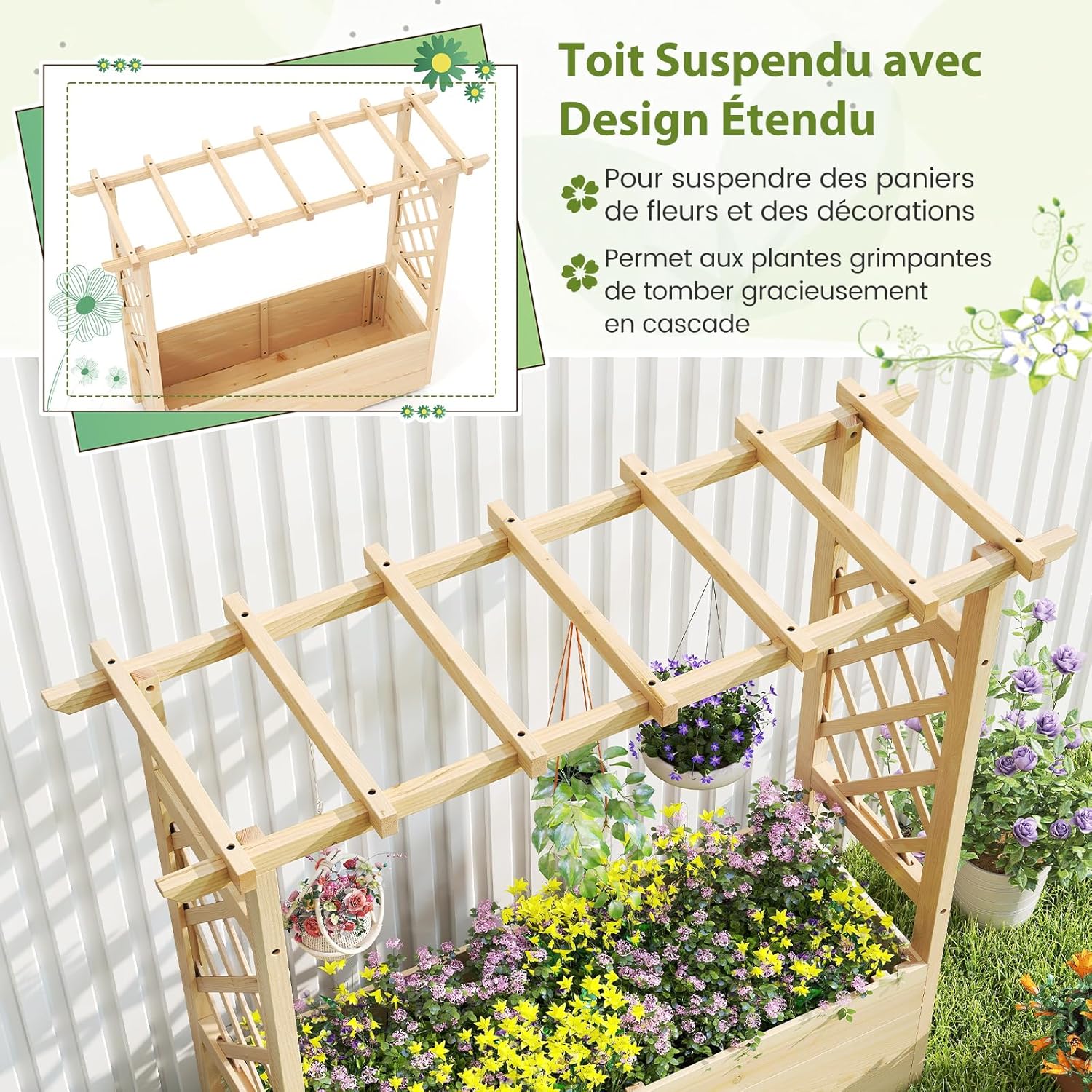 Jardinière Surélevée avec Treillis en Bois Massif, Toit Suspendu pour Vigne, pour Légumes, Fruits, Fleurs, Extérieur/Intérieur (115x40x103cm) - 4