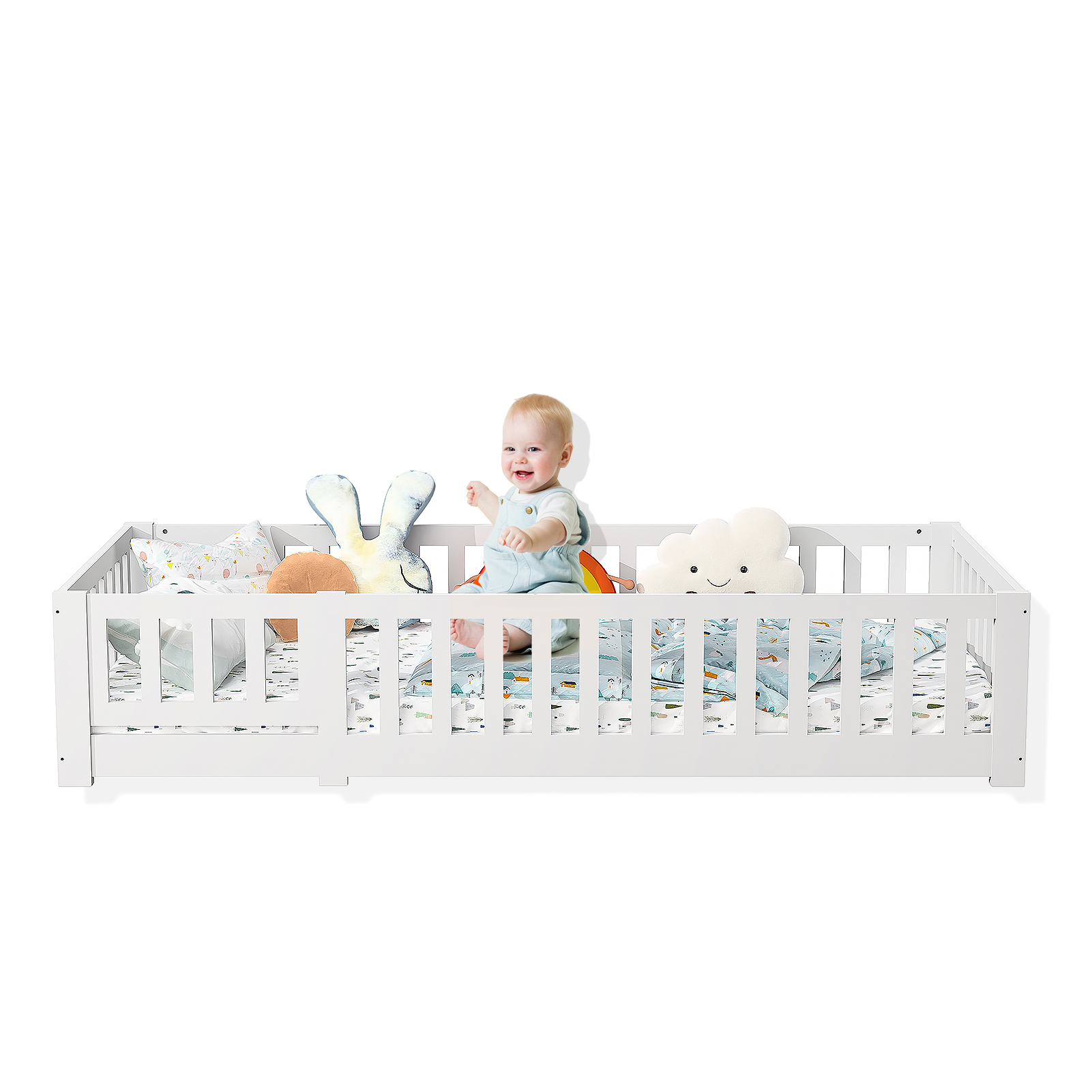 Lit Enfant 90 x 200 cm, Lit de sol en Bois Naturel de Pin Massif avec porte et Barrière de Sécurité, Lit Montessori avec sommier à lattes, Blanc - 8