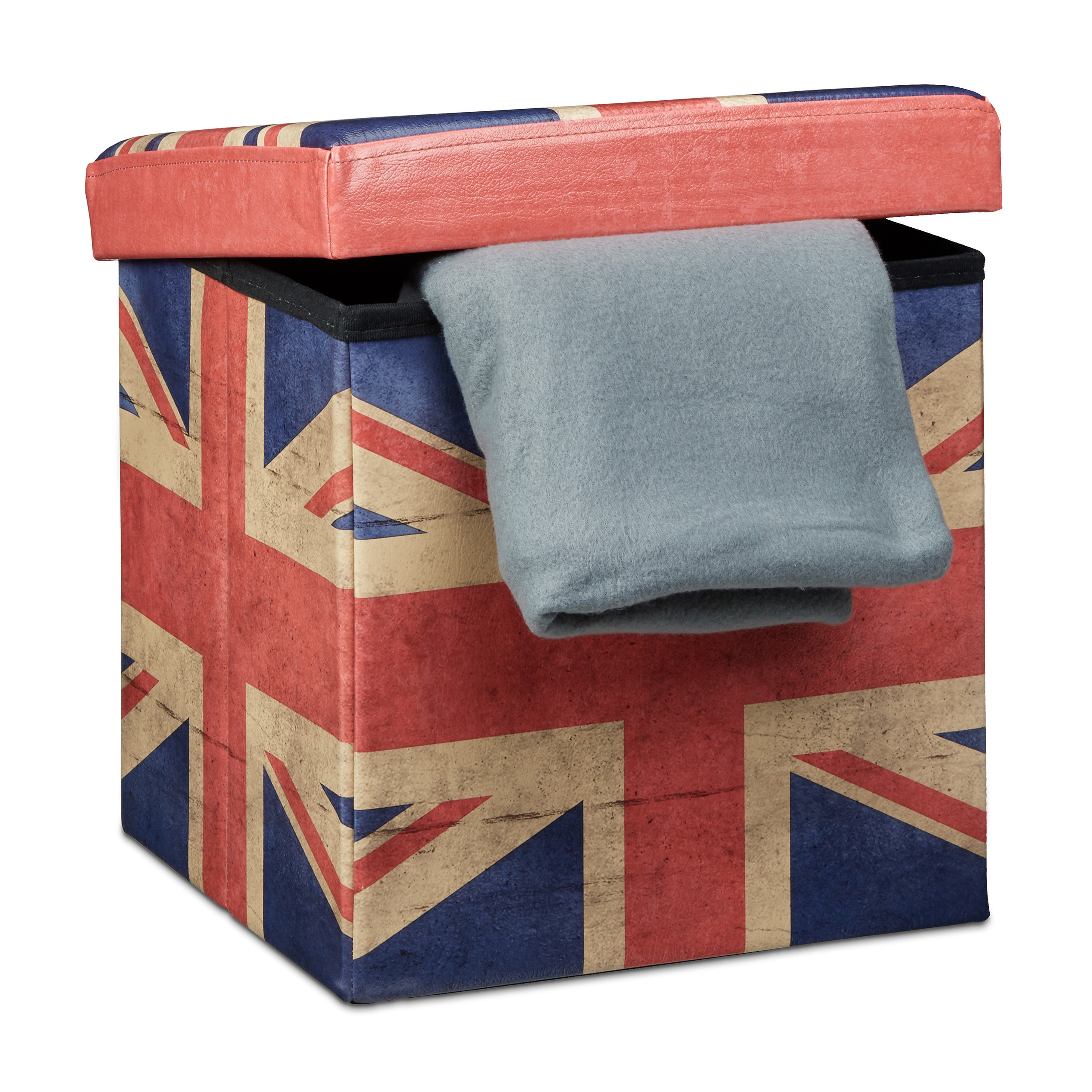 Relaxdays banco taburete con baúl, cuero sintético, 38 x 38 x 38 cm, carga máx. 300 kg, almacenamiento, diseño uk