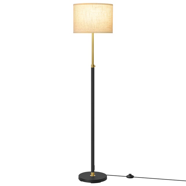 Lampada da Terra Regolabile in Altezza 140-170 cm, Paralume in Tessuto, Interruttore a Pedale, Attacco E27, Oro e Nero