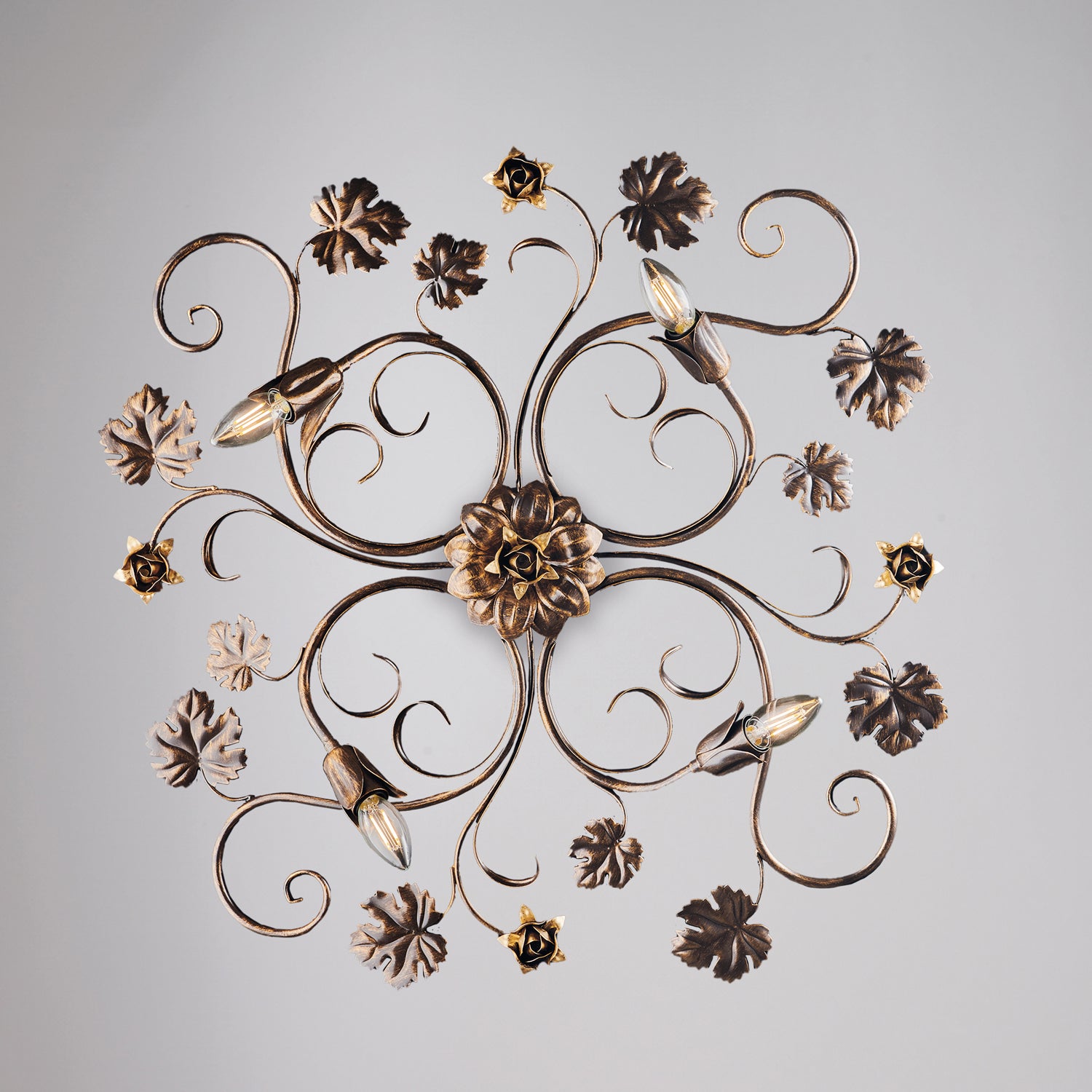 Iris Plafonnier en fer laqué marron décor or antique 4 lumières H.17 d.76 BL169-PL4-BR - 2