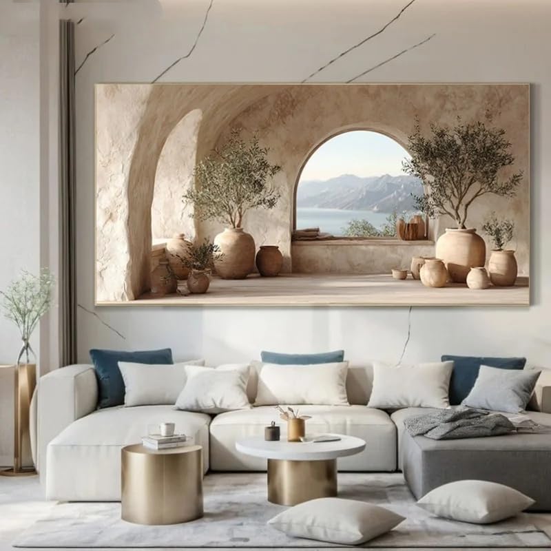 Tableau moderne sur toile représentant la mer Méditerranée et un olivier, idéal pour la décoration de votre salon (60 x 120 cm, sans cadre). - 4