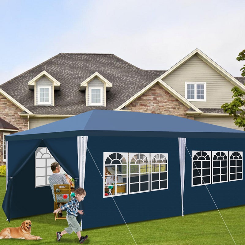 Tente Tonnelle de Grandes réception avec panneaux latéraux amovibles fenêtres Tente Fête Camping chapiteau ou tonnelle Bleue 3x6m - 6