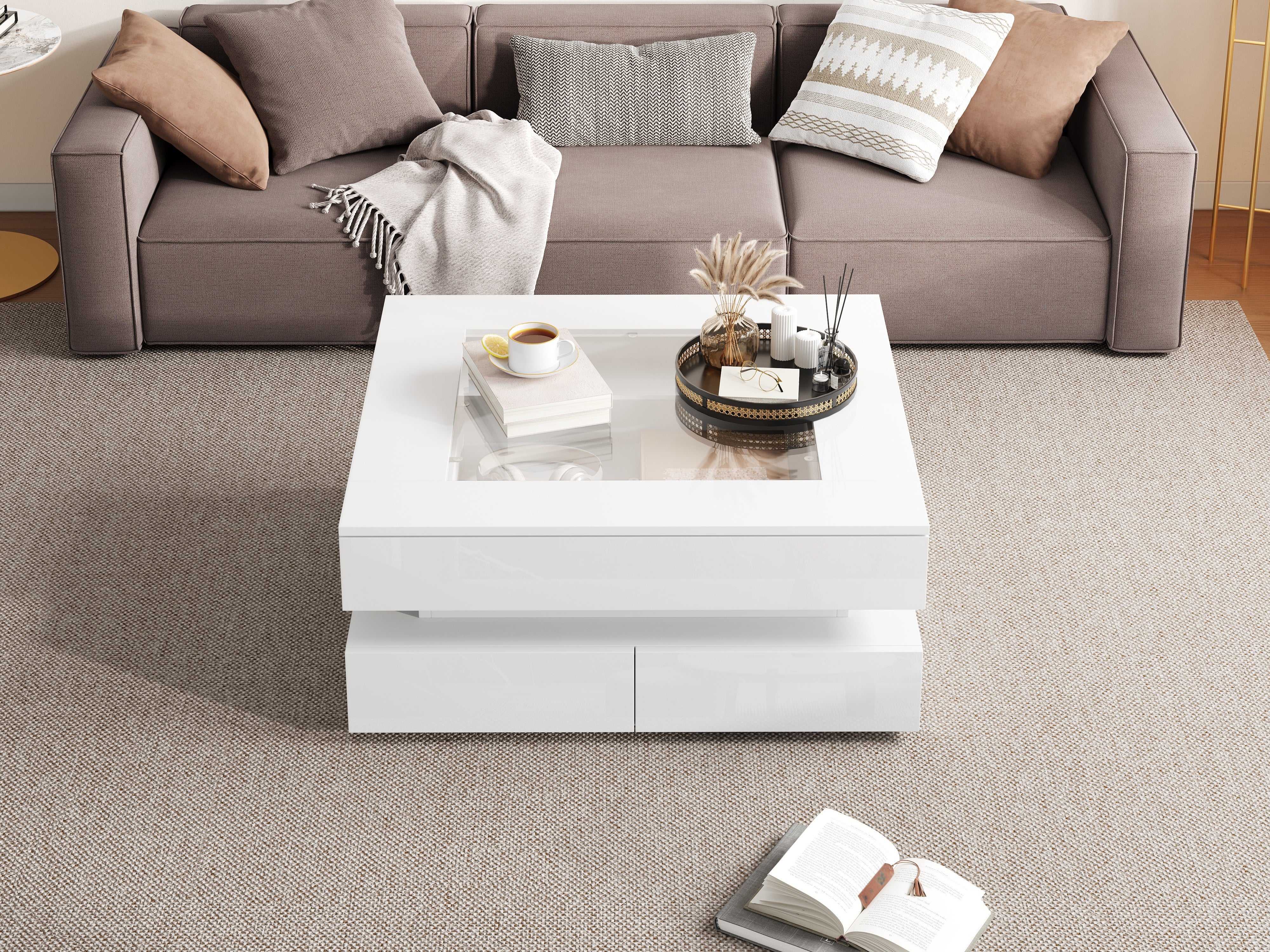 Stolik kawowy 70x70x35 cm - Z oświetleniem LED - 3 szuflady - Szklany blat - Lakier na wysoki połysk - Biały - 8