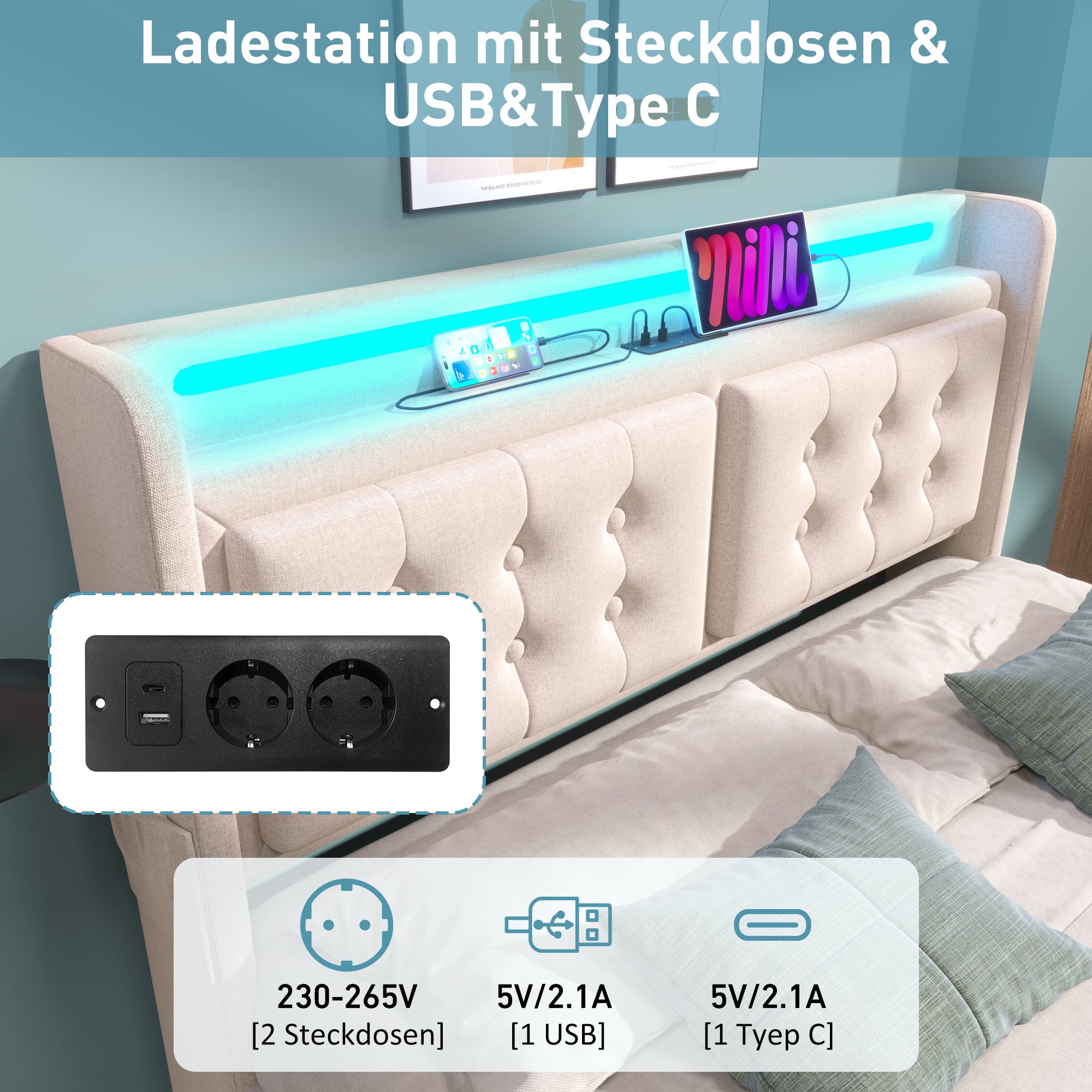 Cama contenedor 140 x 200 cm con cabecero LED, toma USB tipo C - Tejido de algodón - Beige (sin colchón) - 3