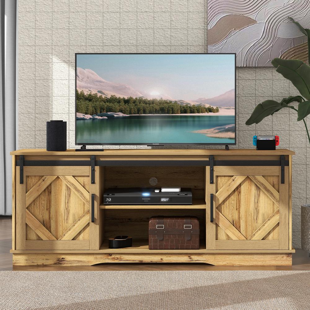 Szafka pod telewizor z litego drewna 150 cm z 2 przesuwanymi drzwiami, regulowanymi półkami, nośnością 80 kg - nowoczesny, wiejski design