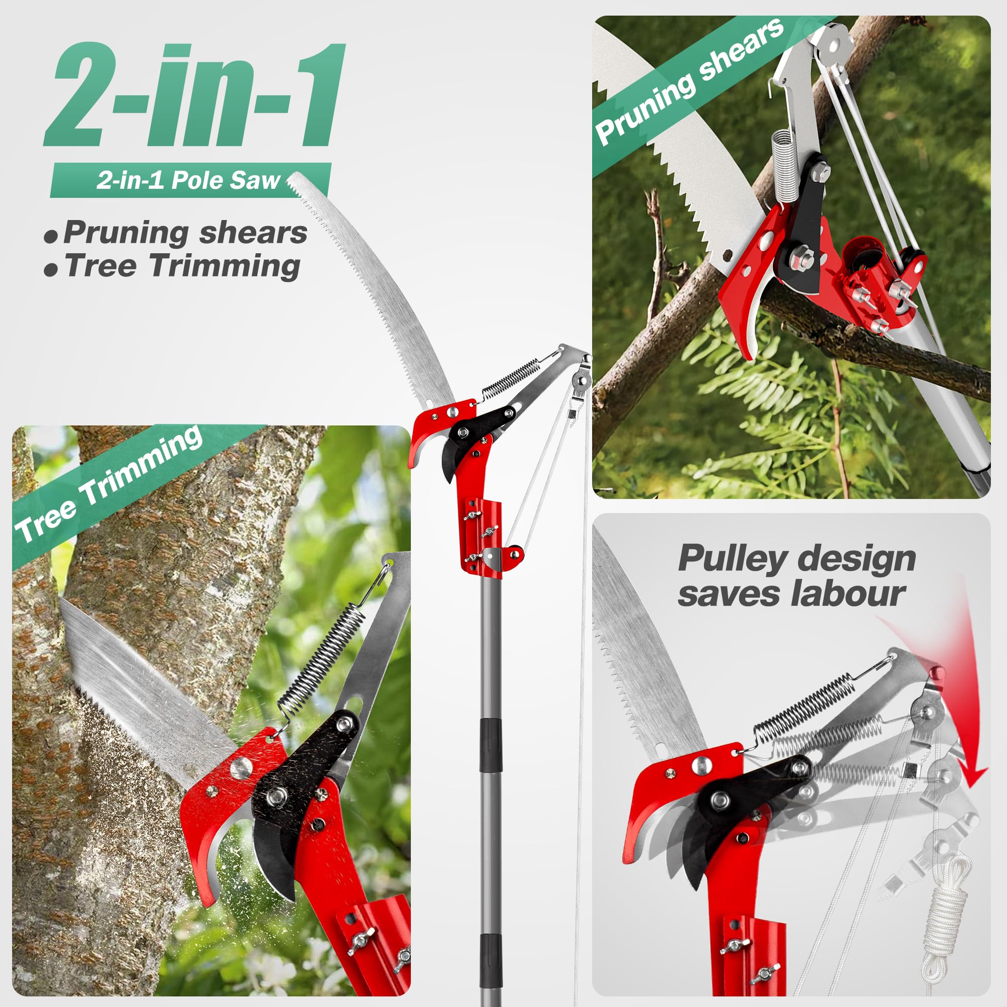 Sécateur, scie d'élagage 2 en 1, cisaille à branches hautes, outil de sciage manuel pour brindilles de plantes (Mât télescopique non inclus) - 7