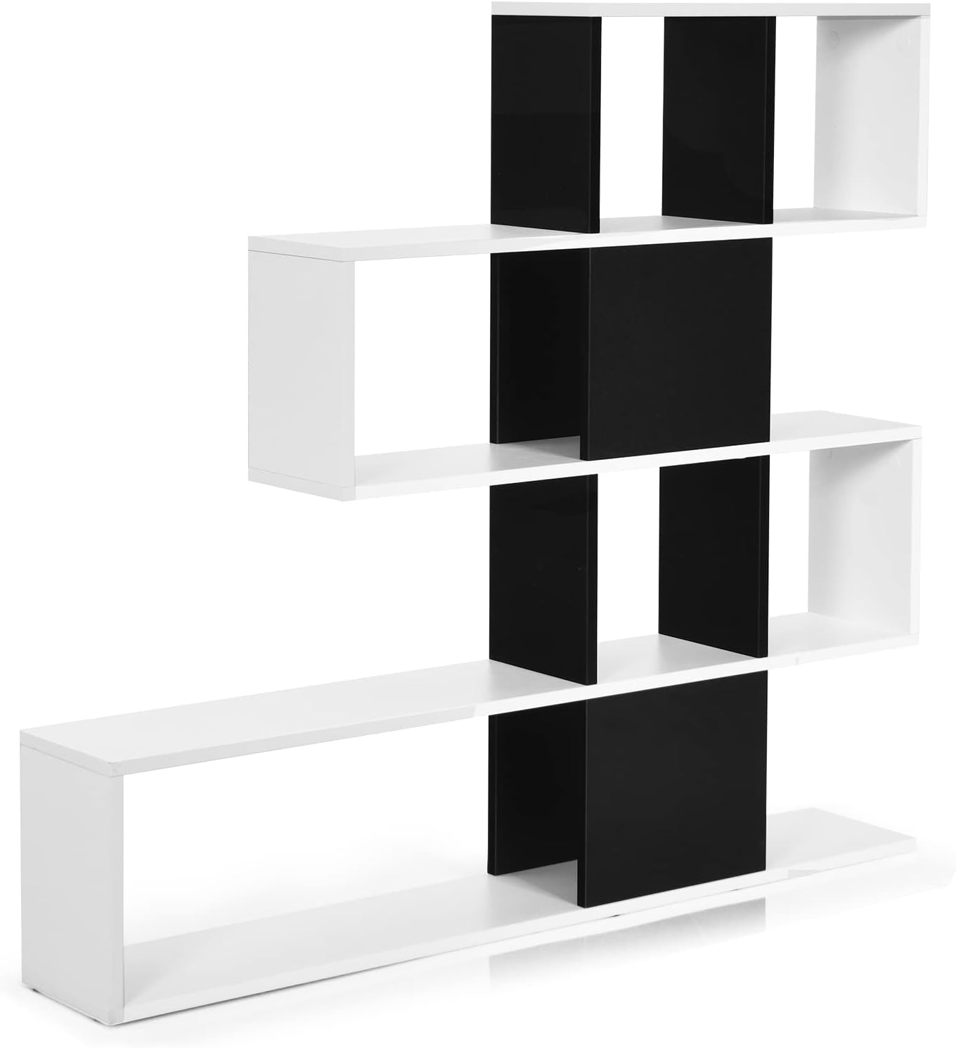 4-Poziomowa Biblioteczka na Nóżkach, Mebel do Przechowywania o Nieregularnym Kształcie z Otwartą Półką i Przegrodami 120 x 19,5 x 109 cm, Biały+Czarny