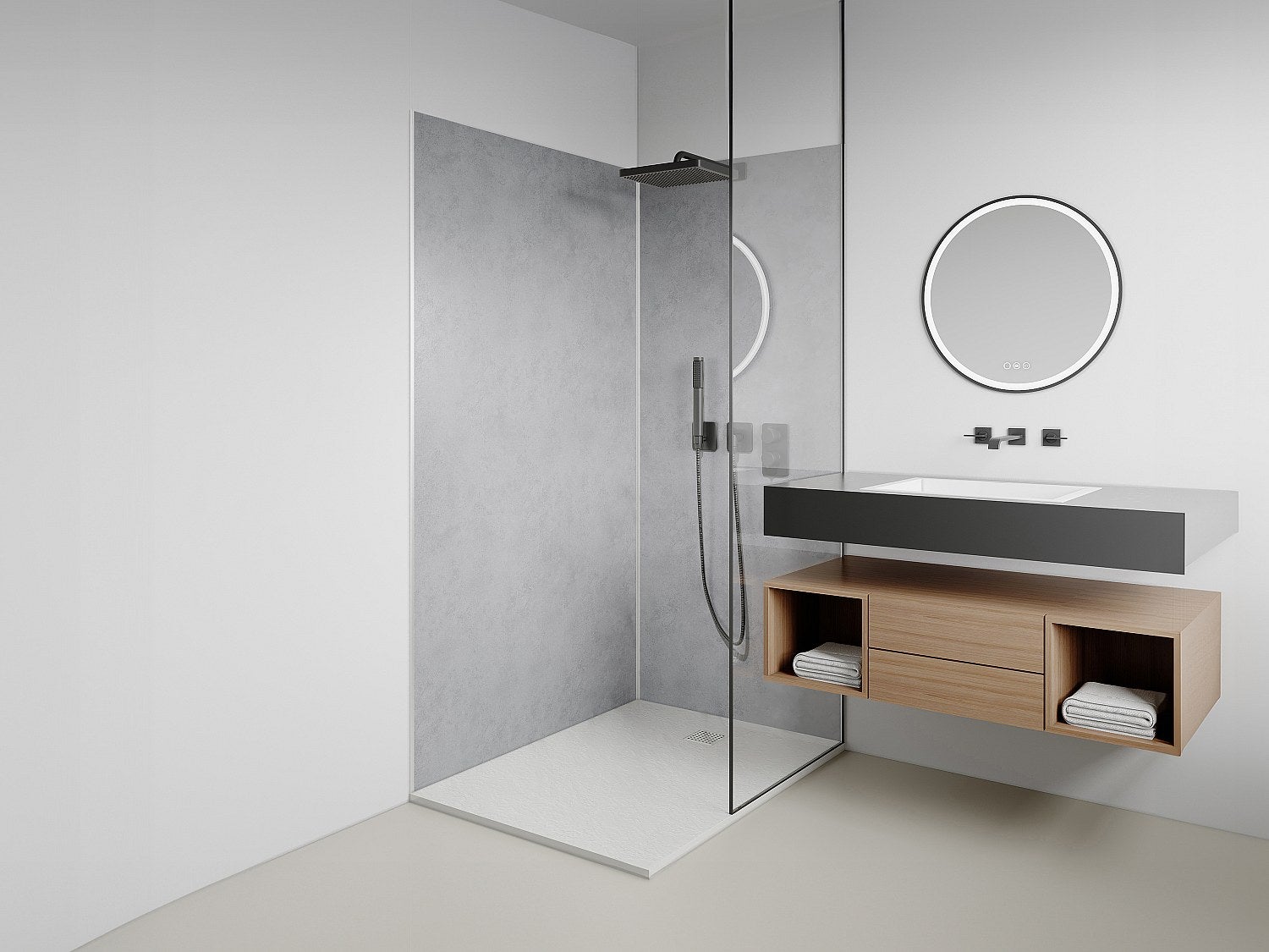 Zestaw 2 paneli ściennych aluminiowych pod prysznic z efektem polerowanego betonu z profilami - szer. 90 x szer. 120 cm x wys. 210 cm - ARFINO