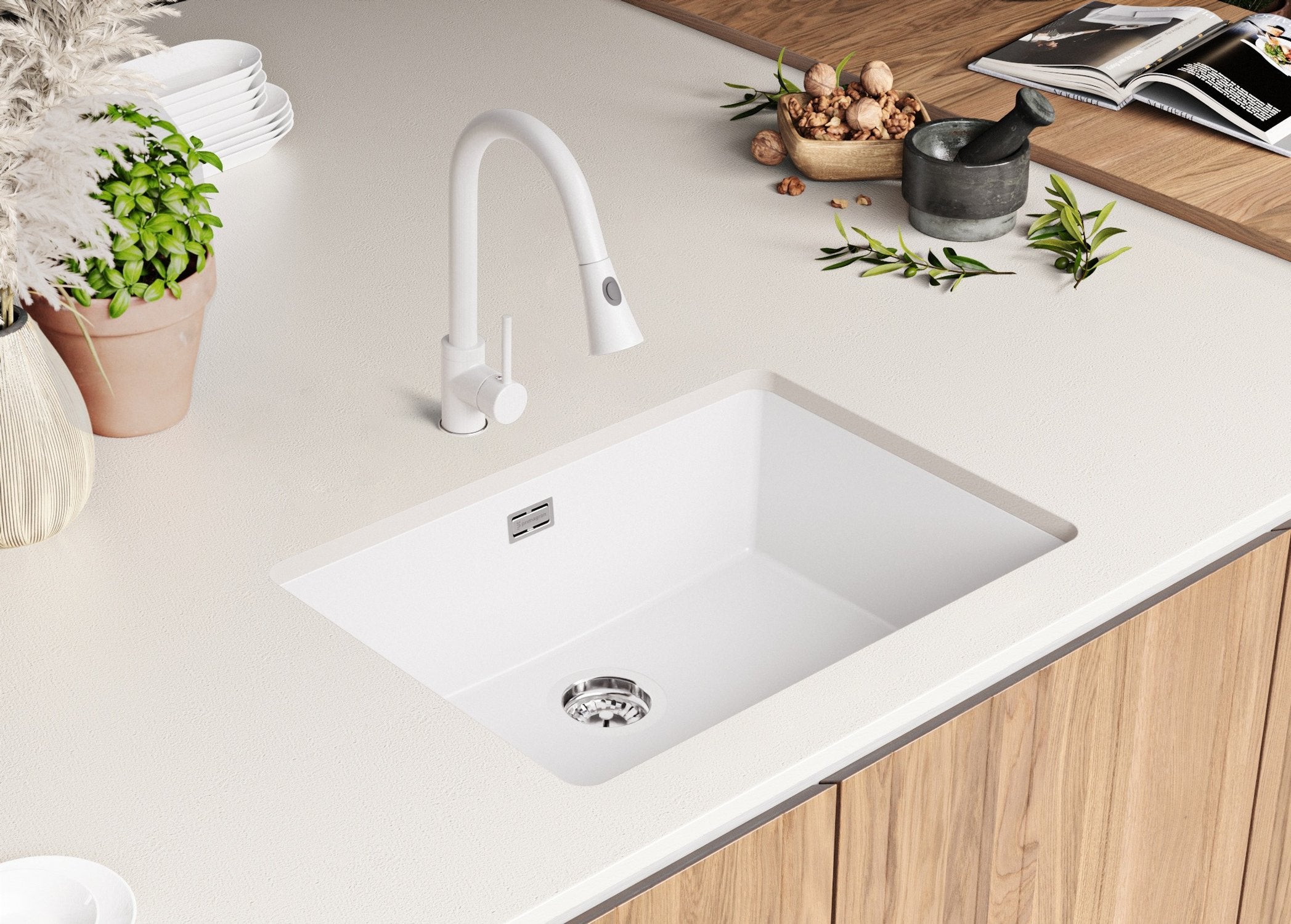 Lava-louça de encastrar Branco 66x47cm, Pia de Cozinha 1 cuba + Kit de drenagem, Pia em Granito em armários de 70cm - Londres Duplo PRIMAGRAN - 4