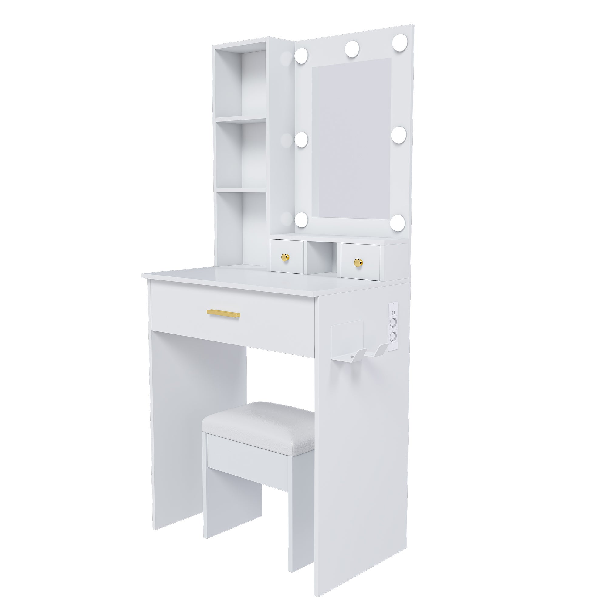 Coiffeuse 60x38x131.5 cm avec miroir, éclairage LED 3 modes, prise intégrée, MDF blanc - 2