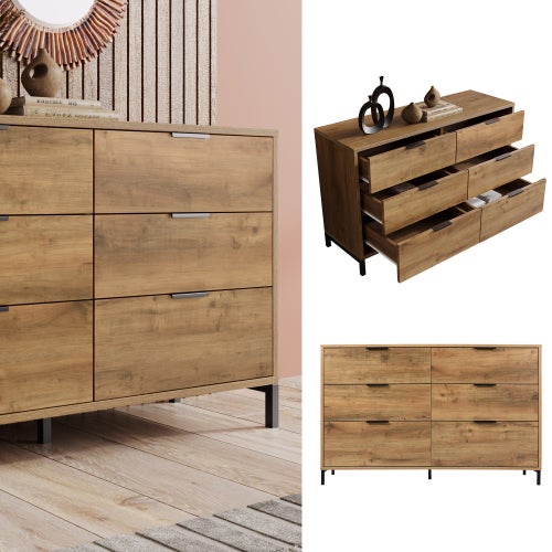 Commode avec étagères réglables- 6 tiroirs - Naturel - 6
