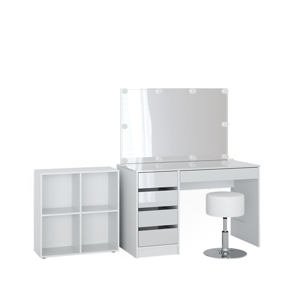 Vicco Toaletka Sherry, Biały, 120 cm 4 części, z półką, lustrem, stołkiem, LED
