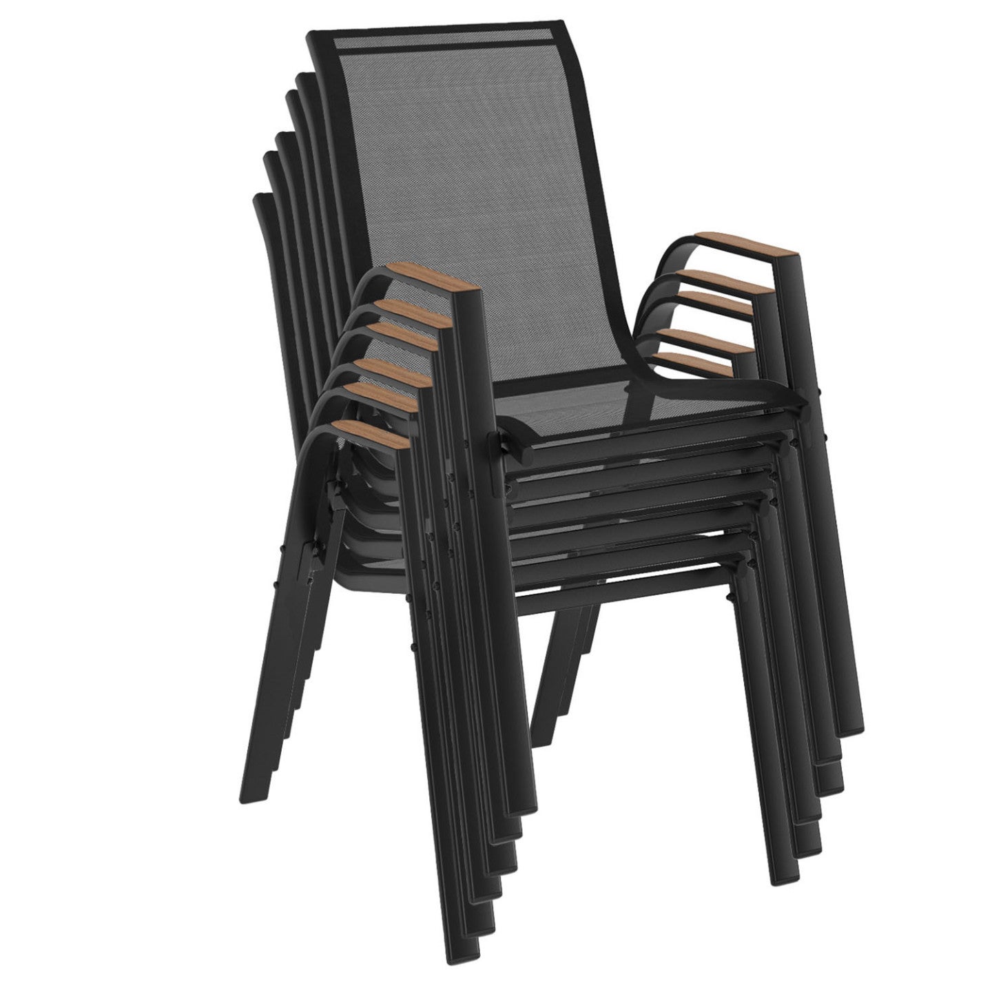 Lot de 6 chaises de jardin NOUMEA métal et textilène empilables noir et bois - 4