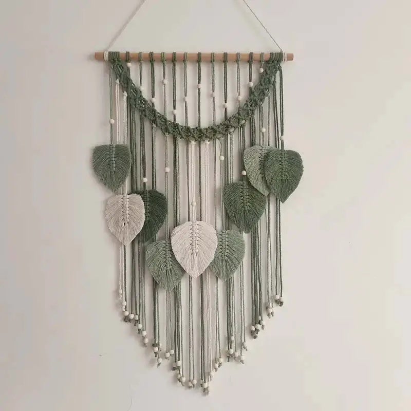 1 pièce de décoration murale en macramé avec feuilles - Décoration murale bohème chic et tissée à la main, pour chambre et salon - 4