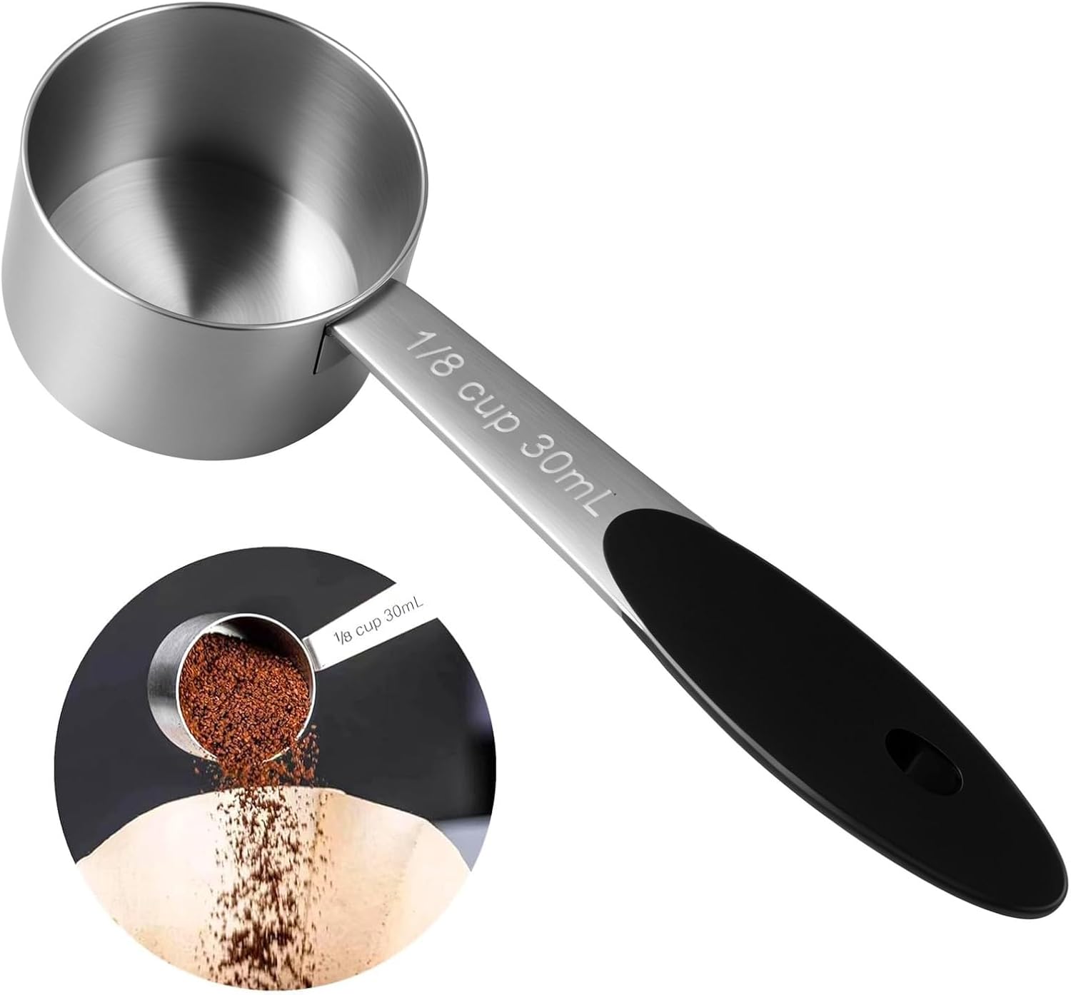 Miarka o pojemności 1/8 szklanki, 1 łyżka ze stali nierdzewnej, mała łyżka do kawy, mała metalowa łyżka do pomiaru z czarnym silikonowym uchwytem