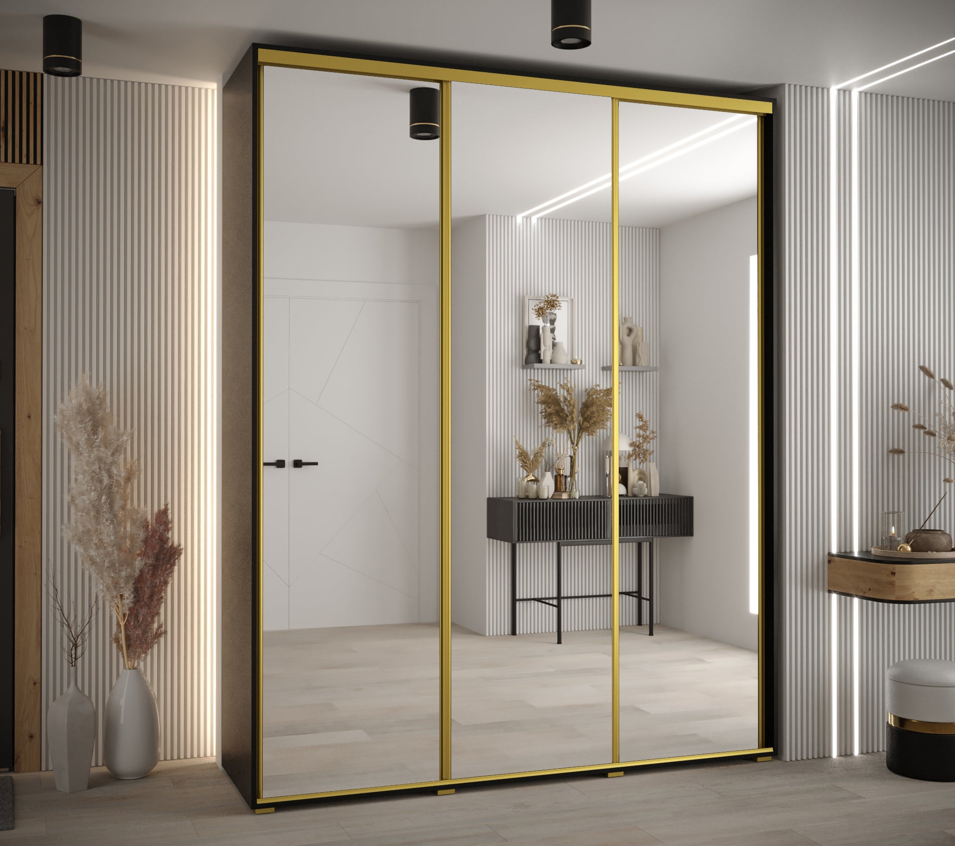 Szafa przesuwna z lustrem wysoka Davos 2 190 x 60 x 235,2 cm czarny + czarny + u. złoty - Abiks Meble - 2