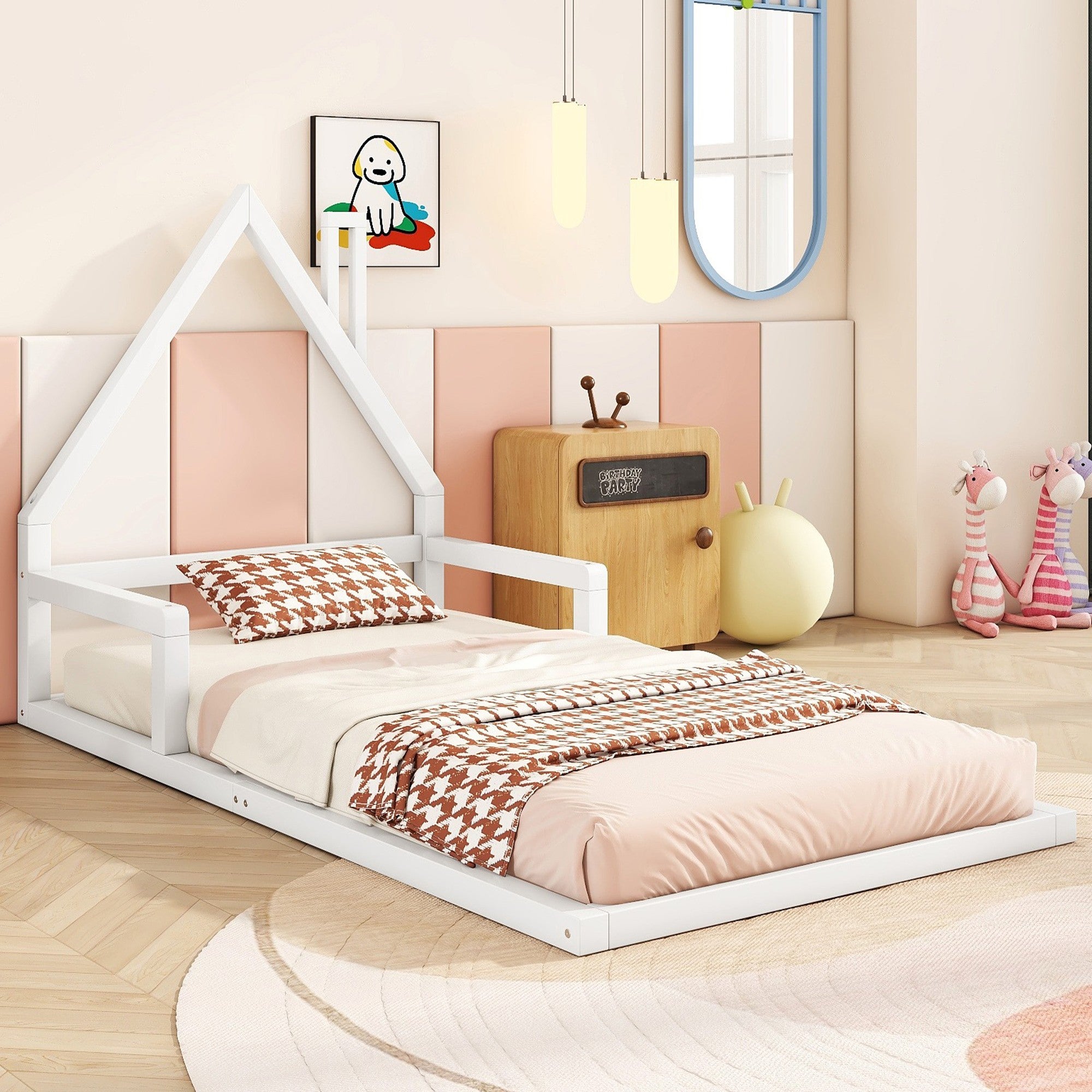 90*200cm Łóżko dziecięce, płaskie, w kształcie domku, z litego drewna sosnowego, prosty kształt, białe