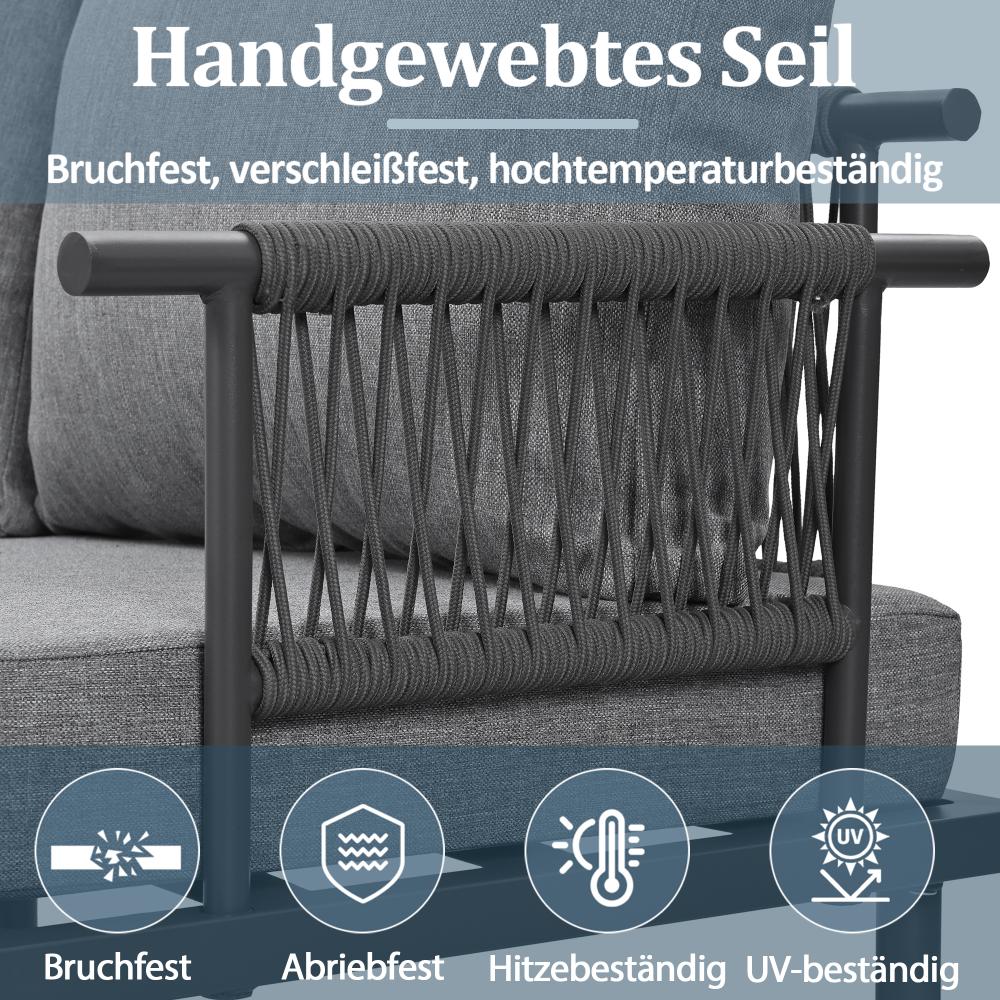 Salon de jardin 6 pièces en corde grise avec cadre en fer galvanisé, coussins inclus, table avec plateau en verre, pieds réglables - 6