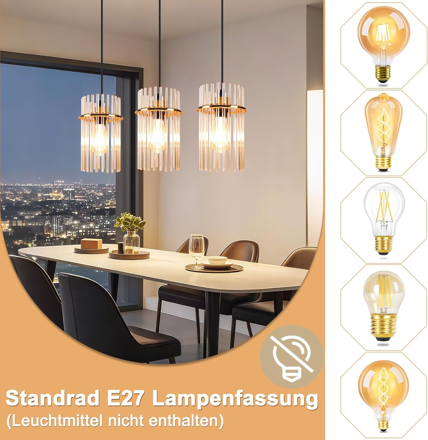 Candeeiro Pendente Vintage Gold Nettlife, 3 Lâmpadas em Vidro, Casquilho E27, Ø 16 cm, para Mesa, Cozinha (sem lâmpadas). - 3