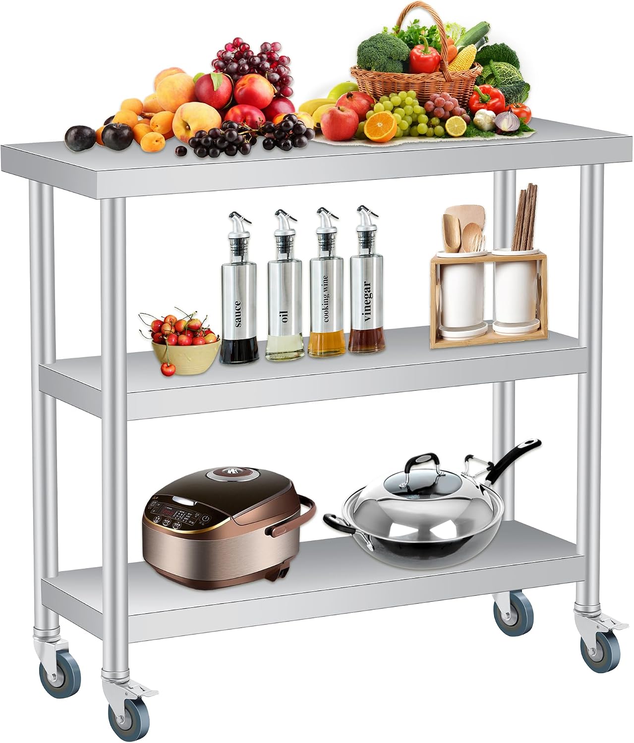 Stainless Steel Table, 14 x 24 x 34 in, 3-Tier Metal Prep Table | Leroy ...