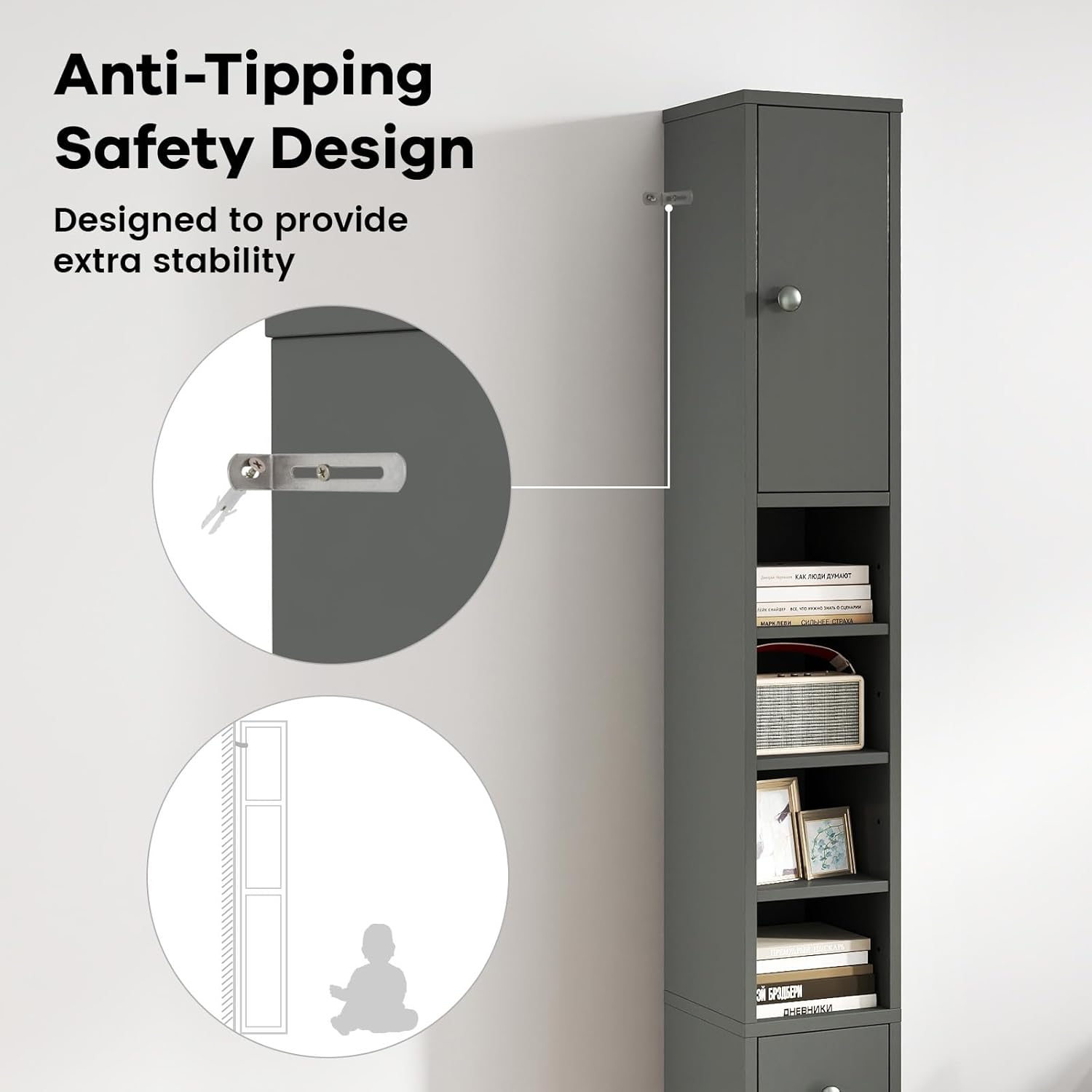 Armadio da bagno alto, mobile a colonna con 2 porte, 1 cassetto e 4 ripiani aperti, 20 x 20 x 180 cm, ripiani regolabili, camera da letto (grigio) - 5