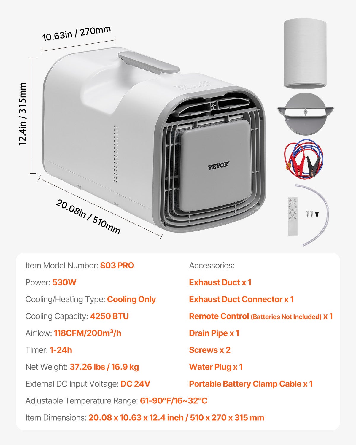 Ar Condicionado Portátil 4250 BTU, Climatizador de 3 Velocidades com Timer de 24H, Temperatura Ajustável de 16-32°C, Compatível AC/DC, Branco VEVOR - 7