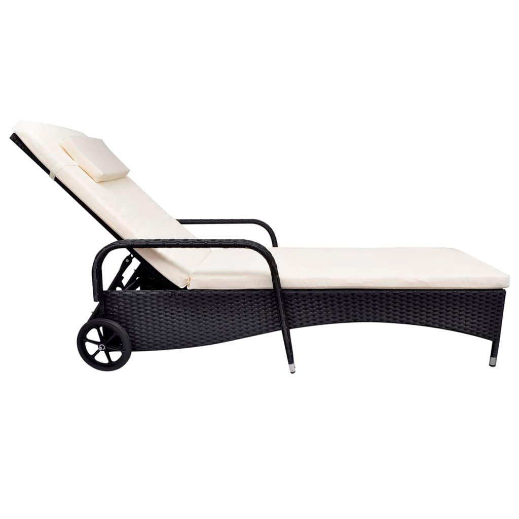 Chaise longue avec coussin et roues Résine tressée Noir - 2