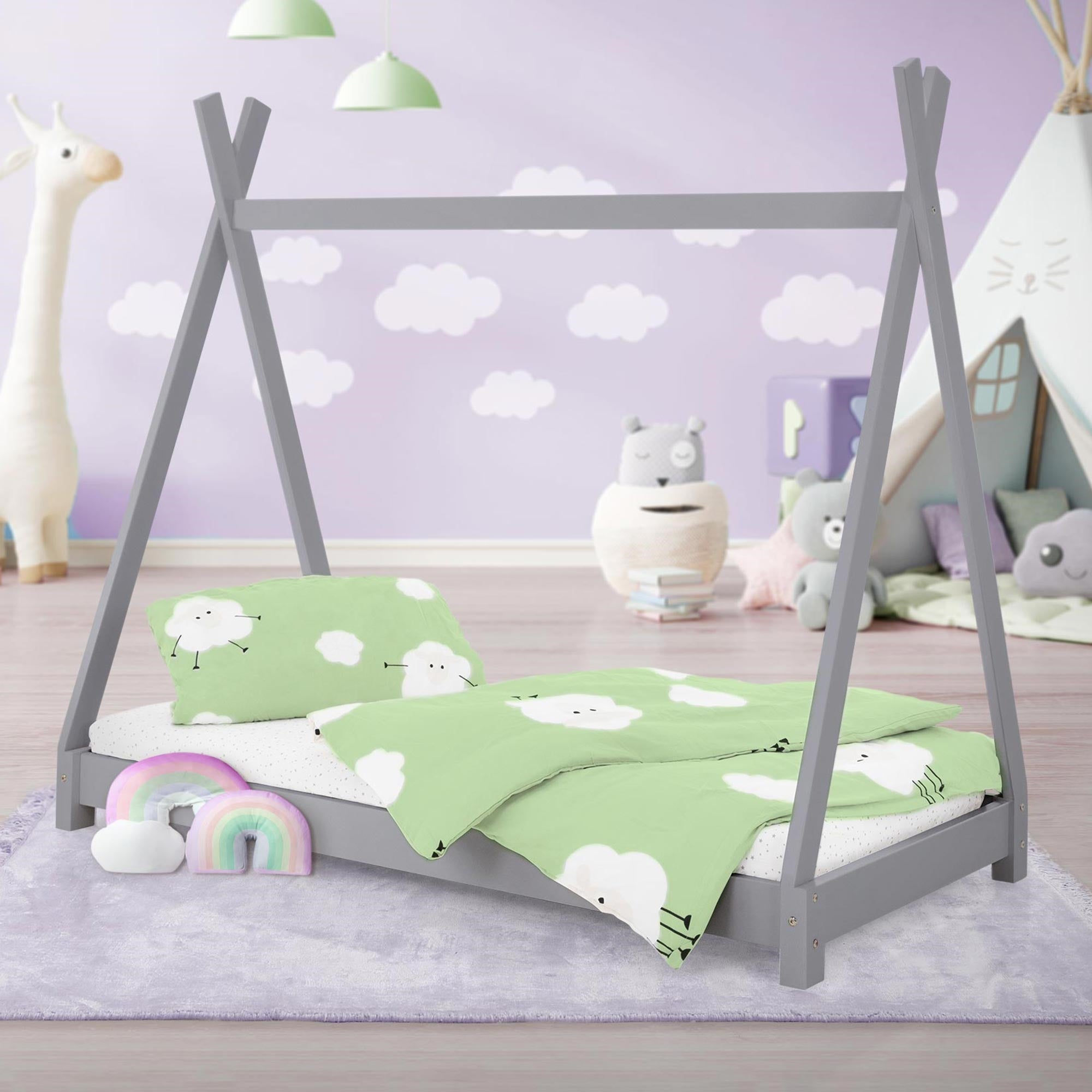 ML-Design łóżko tipi 80x160 cm jasnoszare z ramą listwową w stylu indianskim wykonane z drewna sosnowego dla chłopców i dziewczynek łóżko młodzieżowe