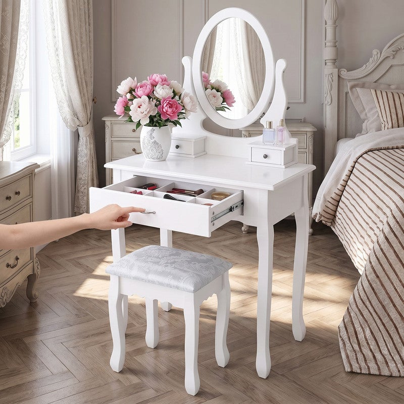 Coiffeuse Blanche avec Miroir Rotatif, Tabouret et 3 Tiroirs, Adaptée à la Chambre, 75*40*136cm, Bureau Cosmétique - 3